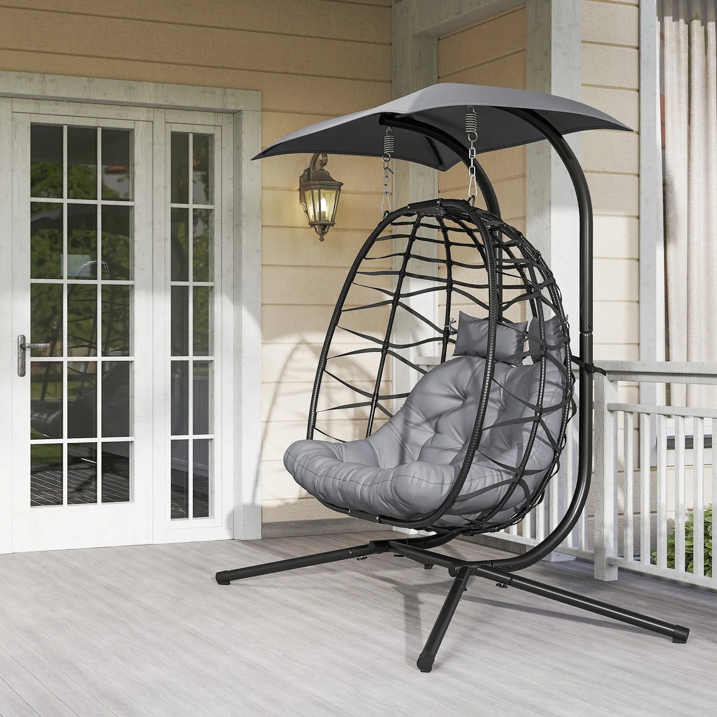 Double Wicker Egg Swing Chair, Foldable with Stand, Black Patio Swings with Stand at Gallery Canada