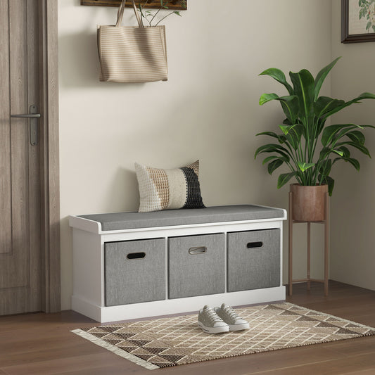 Shoe Storage Bench with Seat, Entryway Bench Seat with Cushion, 3 Fabric Drawers for Hallway, White - Gallery Canada