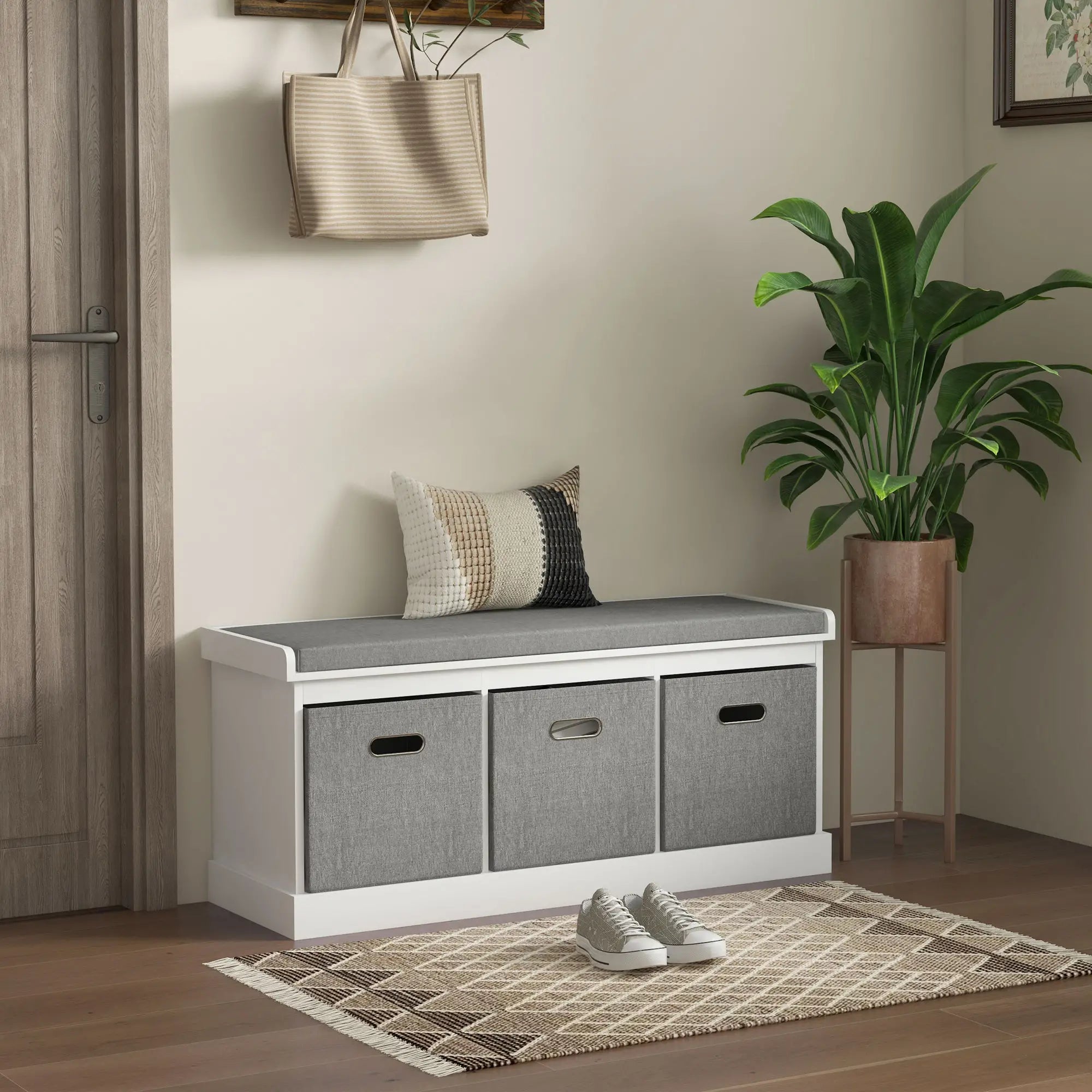 Shoe Storage Bench with Seat, Entryway Bench Seat with Cushion, 3 Fabric Drawers for Hallway, White Shoe Storage Cabinets & Racks at Gallery Canada
