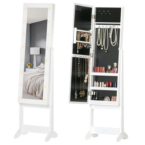 Free Standing Armoire Organizer, Lighted Mirrored Jewelry Cabinet, Angle Adjustable, 16 LED Lights