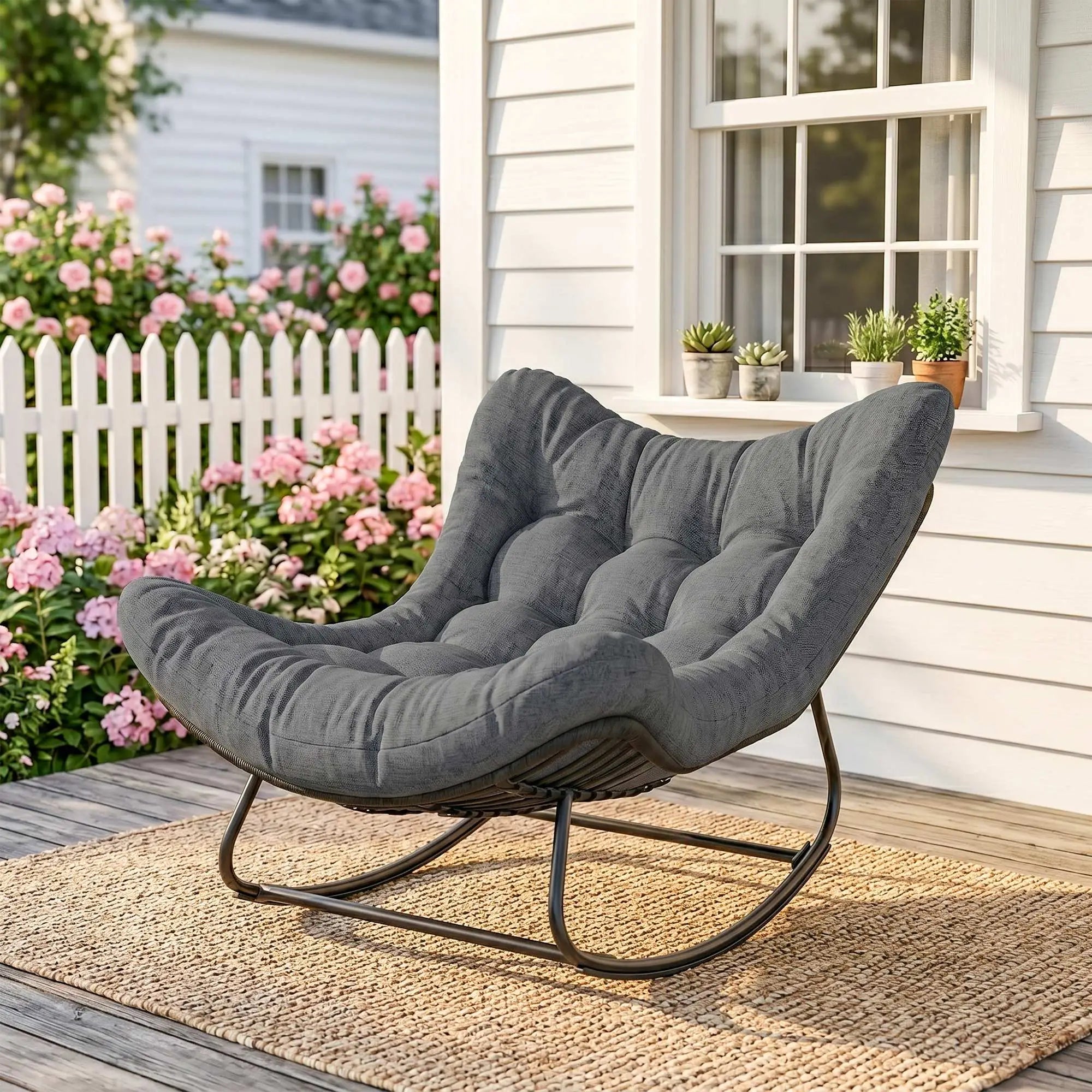 Oversized Patio Egg Rocking Chair, Padded Cushion, Rattan Wicker, Dark Grey Outdoor Rocking Chairs at Gallery Canada