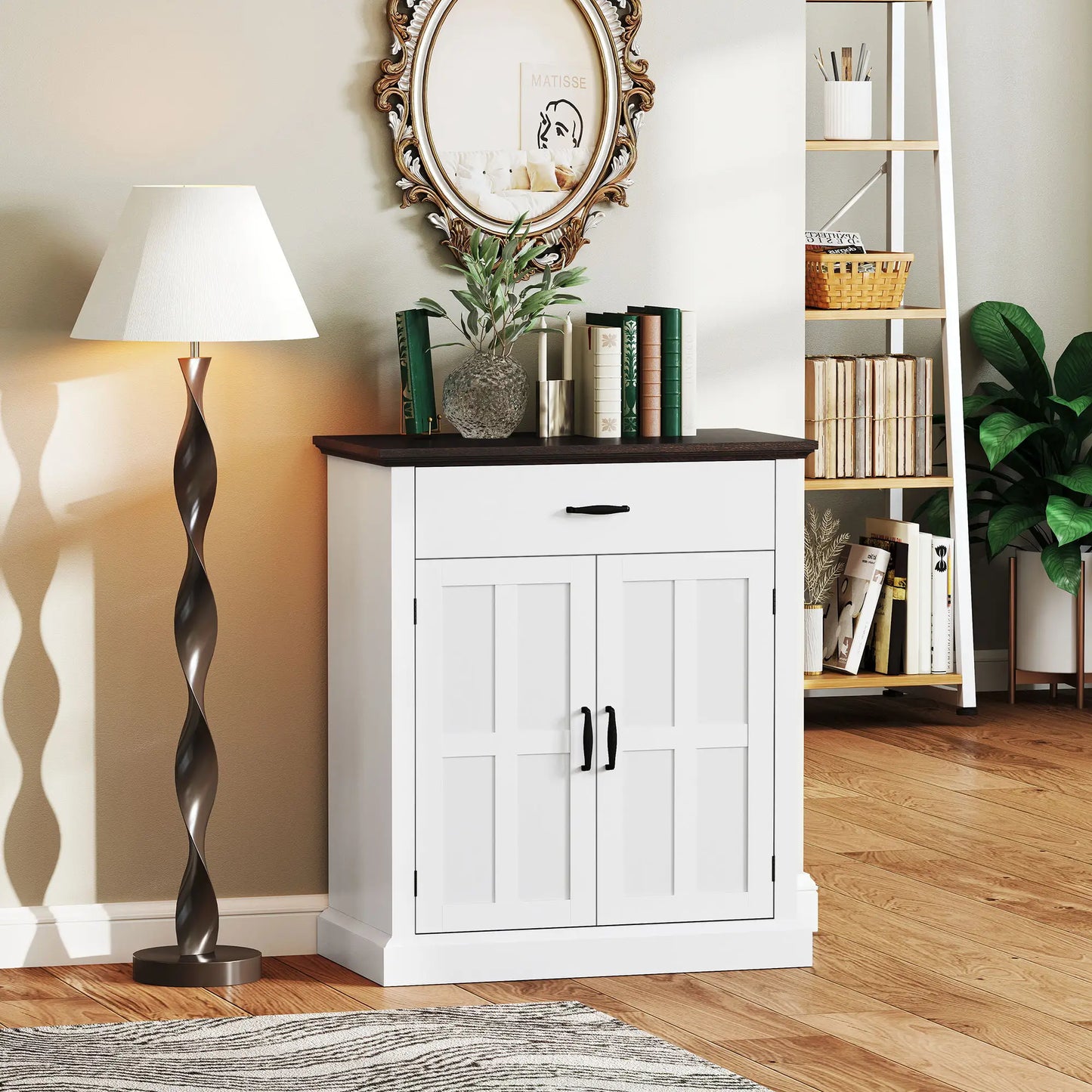 Buffet latéral moderne, 2 portes, étagère réglable, blanc