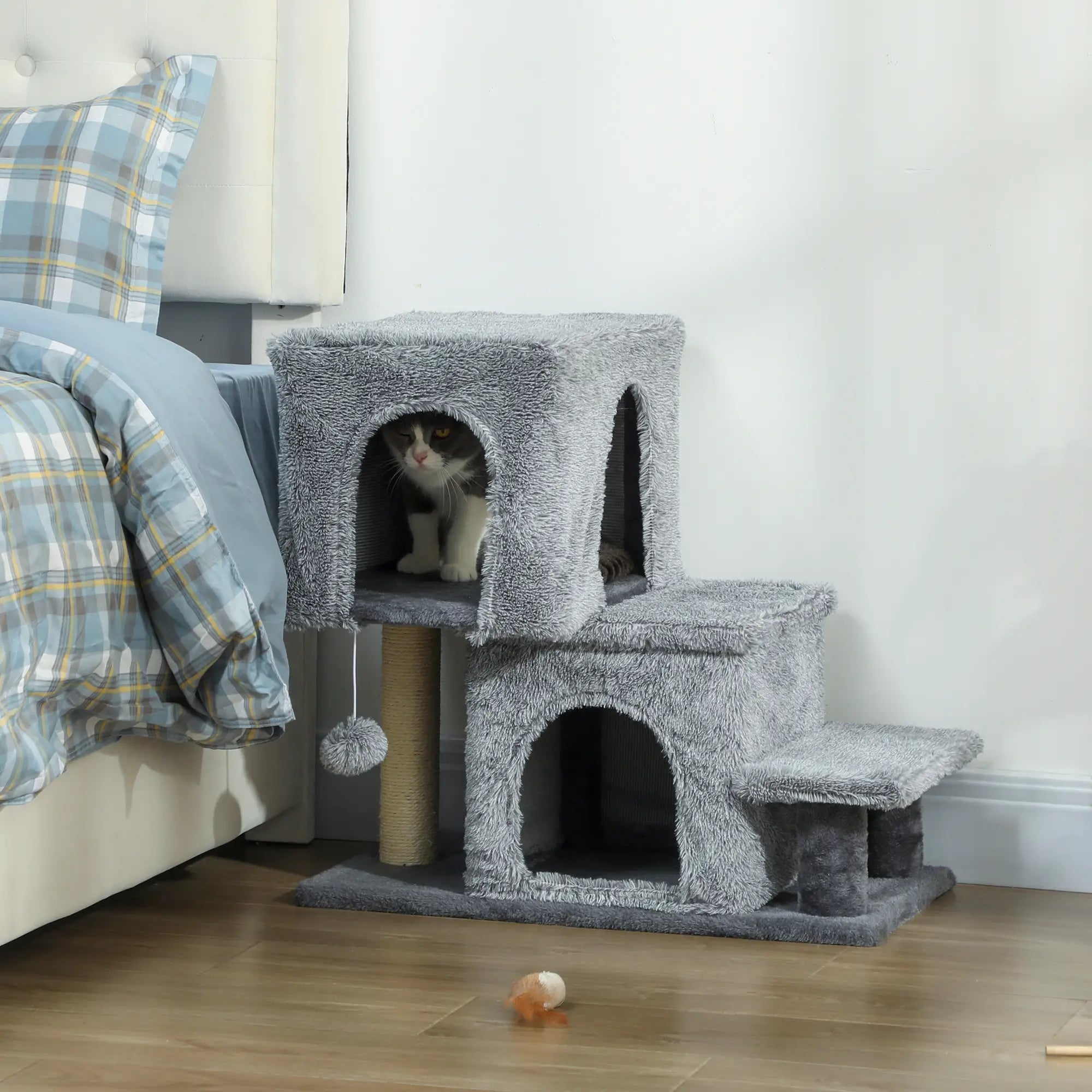 4-Step Pet Stairs, Adjustable Height, Scratching Posts, Hanging Ball, Grey Dog Stairs at Gallery Canada