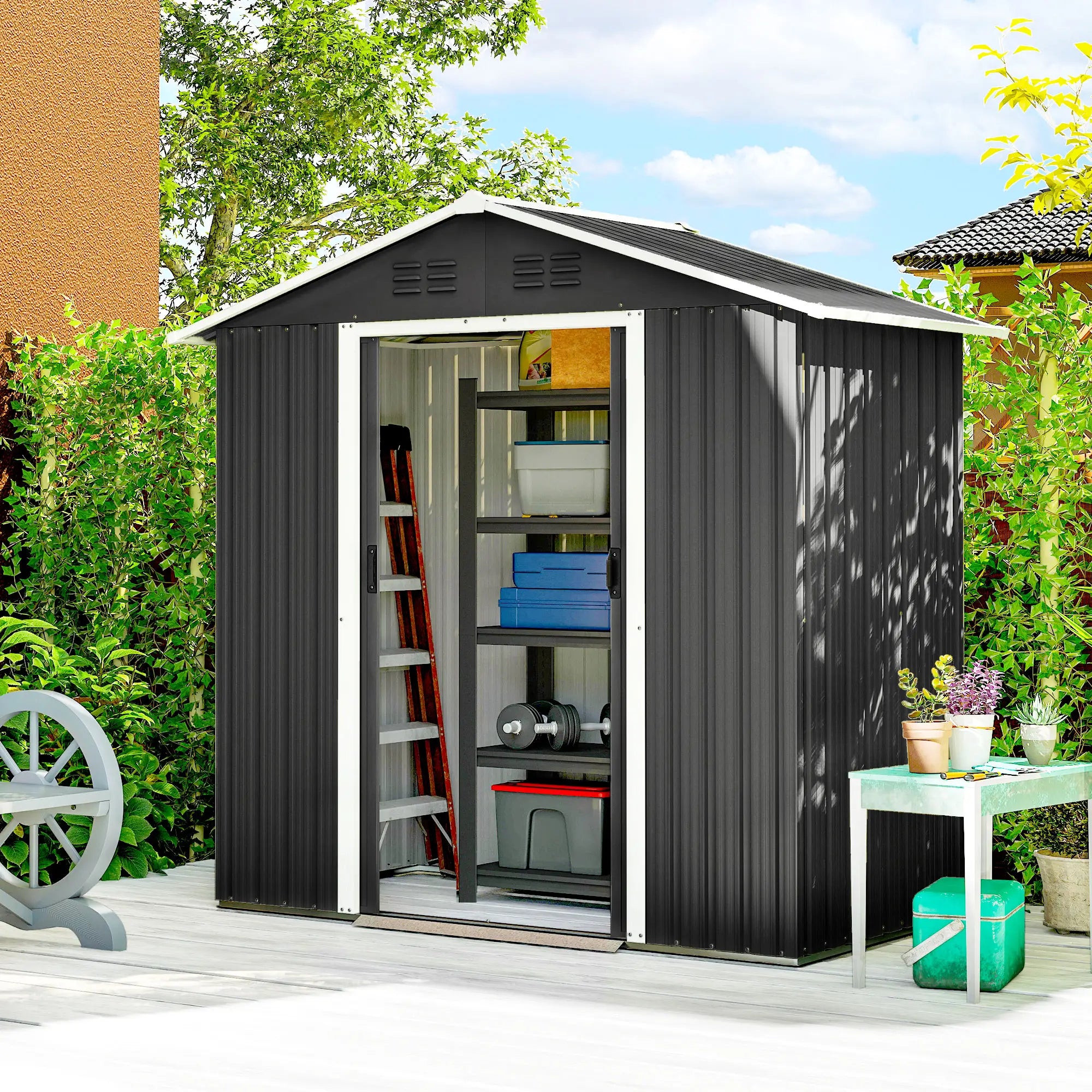 6.5x3.5ft Metal Garden Storage Shed, Double Sliding Doors, Dark Grey Sheds at Gallery Canada