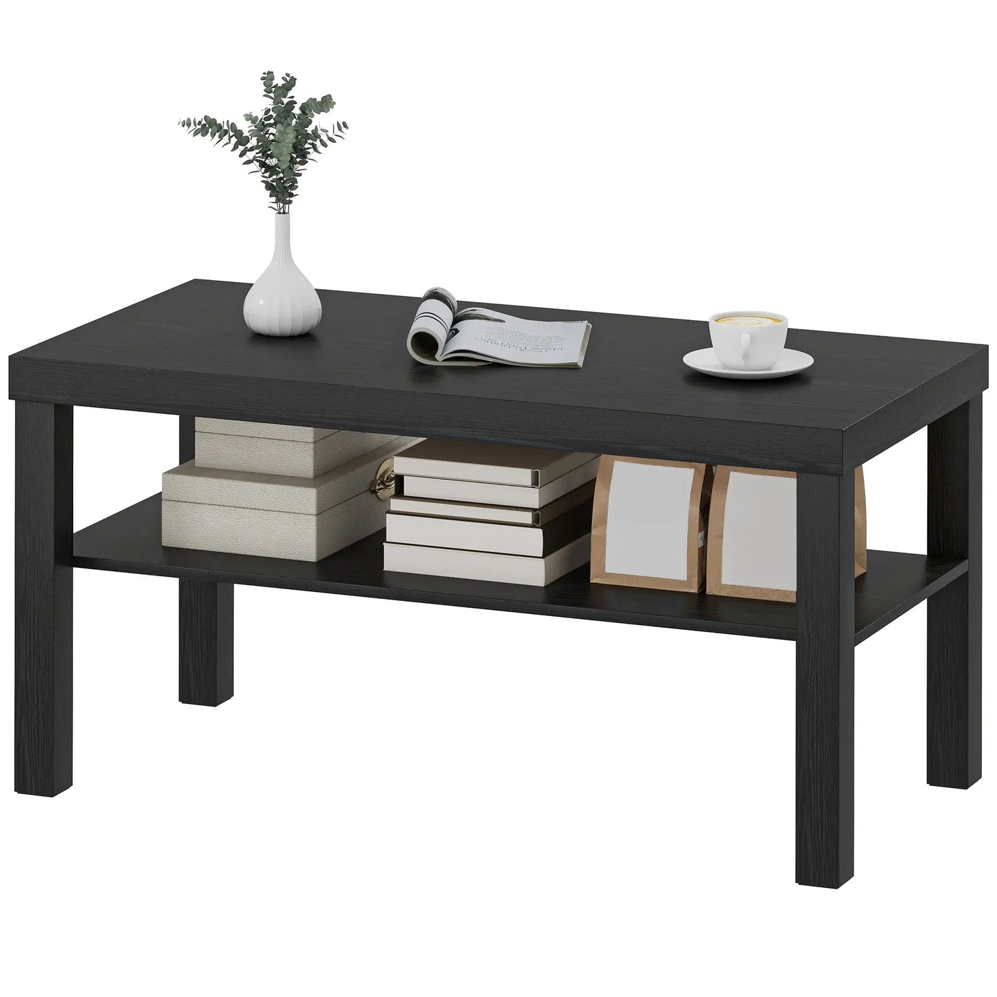 2 Tier Coffee Table, Rectangular Center Table with Storage Shelf, Black Coffee Tables Black at Gallery Canada