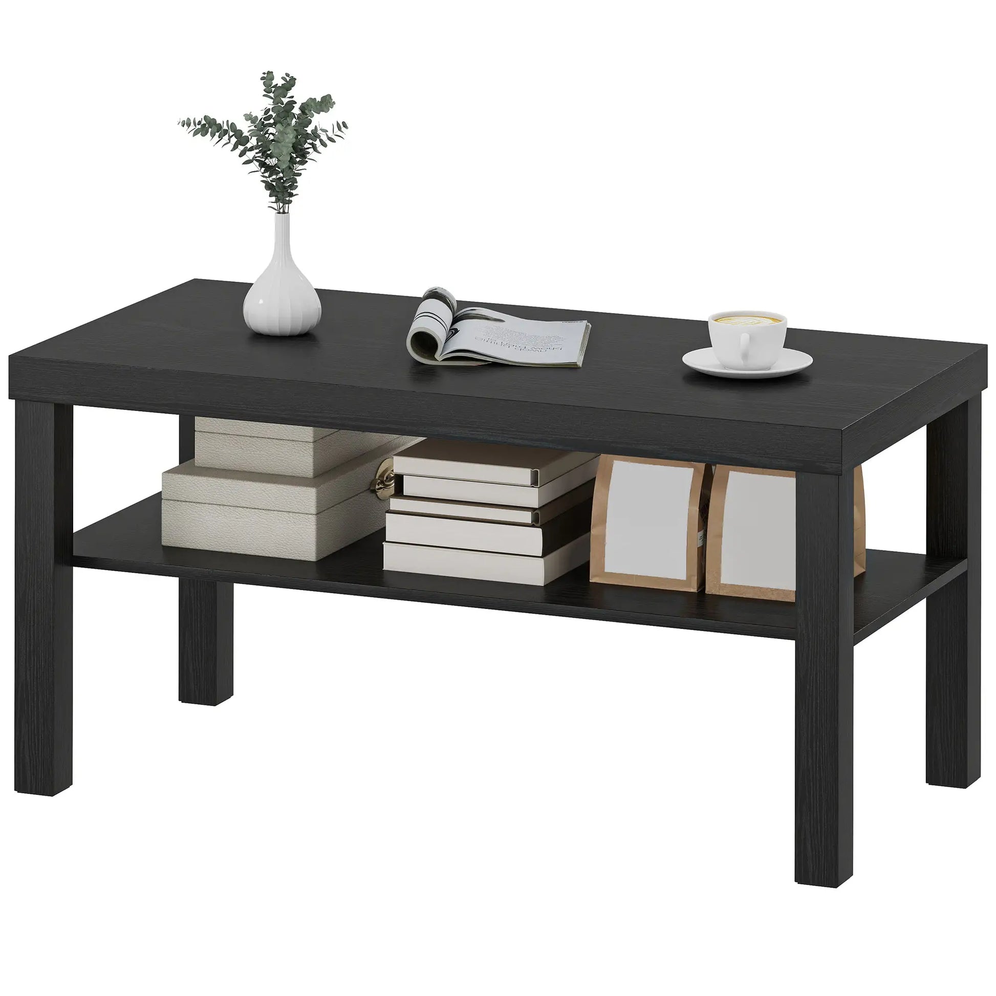 2 Tier Coffee Table, Rectangular Center Table with Storage Shelf, Black Coffee Tables Black at Gallery Canada