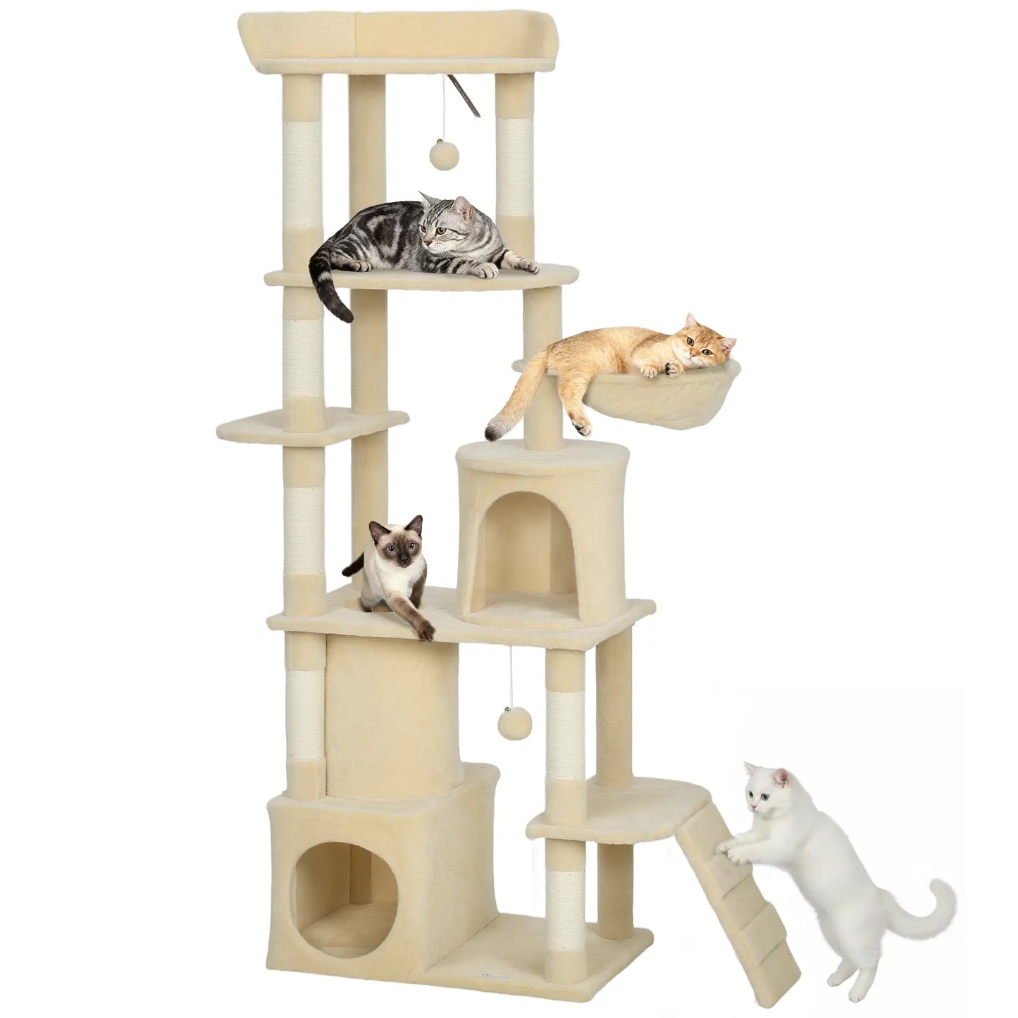 67" Large Cat Tree with 7 Scratching Posts, Tunnel, 2 Condos, Hammock, Perch, Ramp, Pompoms, Beige