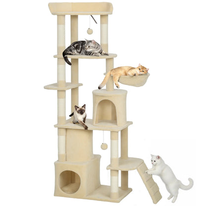 67" Large Cat Tree with 7 Scratching Posts, Tunnel, 2 Condos, Hammock, Perch, Ramp, Pompoms, Beige