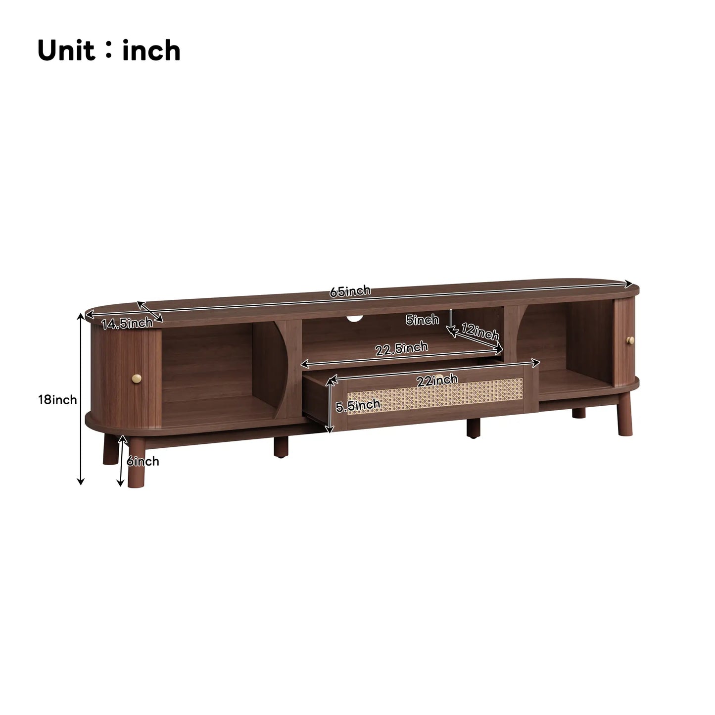 TV Stand, Solid Wood Doors, Drawers, 65" L x 14.5" W x 18" H, Natural Walnut TV Stands at Gallery Canada