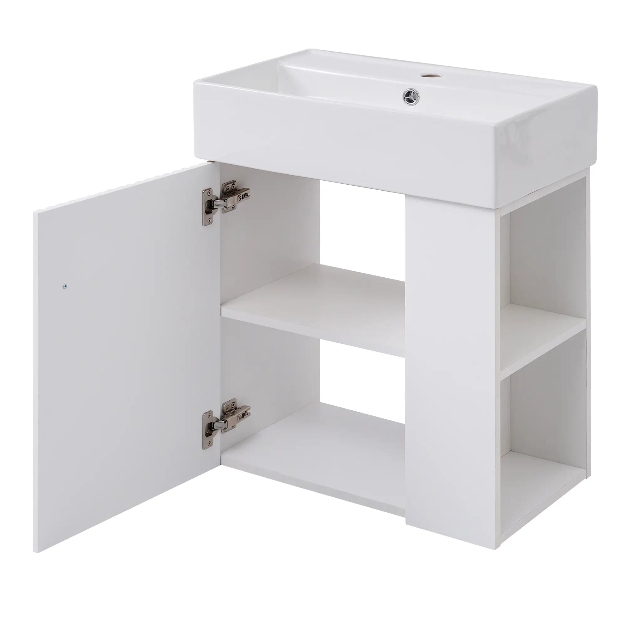 Floating Bathroom Vanity, Ceramic Basin, Right Storage, Rose Gold Handle, 21.5