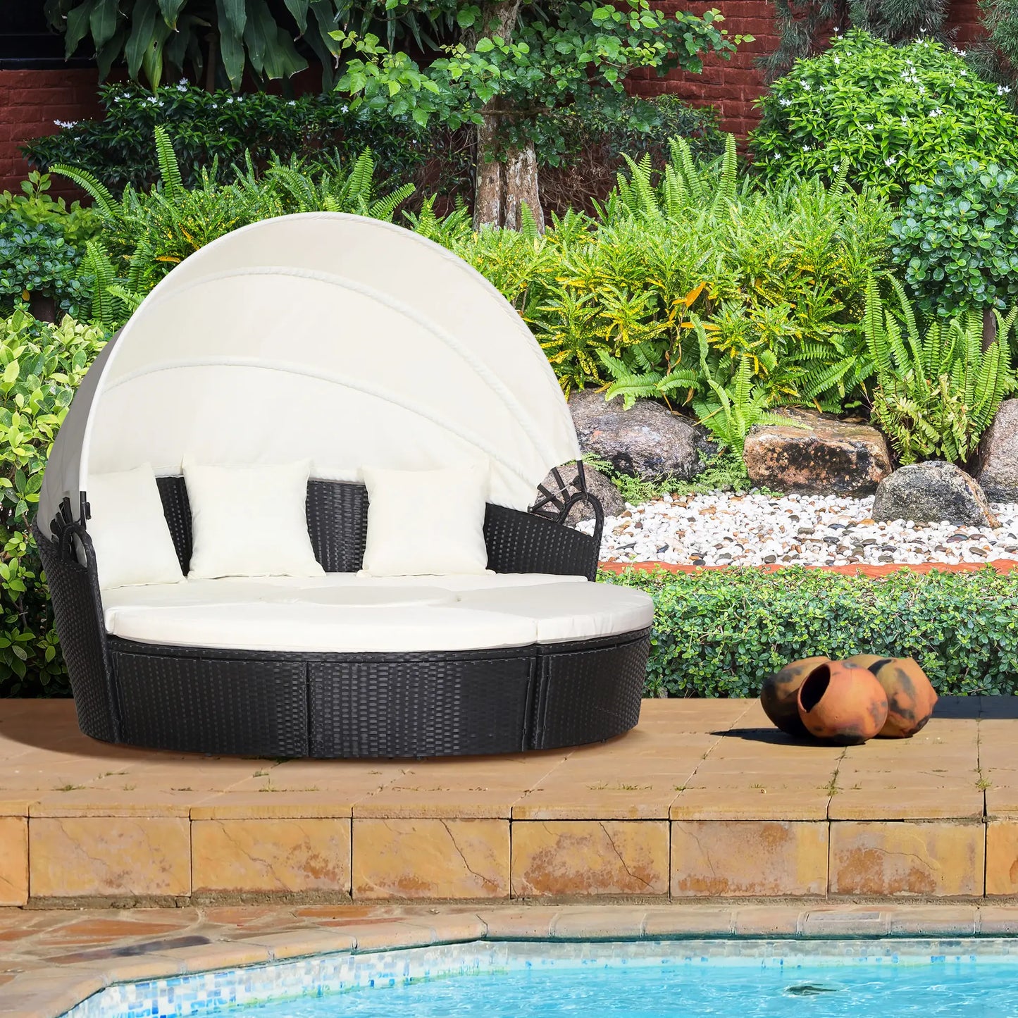 Outdoor Daybed with Canopy, PE Rattan Wicker Round Sofa, Patio Set with Cushions, Cream White Daybeds at Gallery Canada