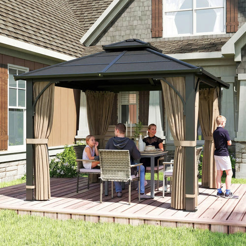 10' x 10' Hardtop Gazebo, 7mm Double Polycarbonate Roof, Netting And Curtains, Khaki