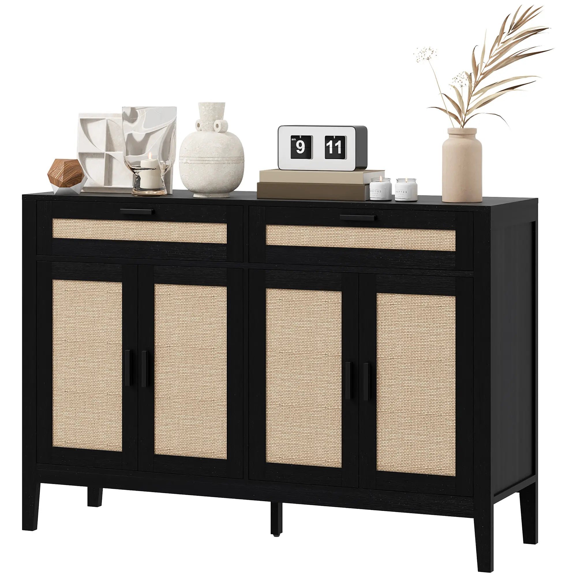 Boho Kitchen Sideboard Cabinet, Rattan Doors, Dining Room, Black Storage Cabinets Black at Gallery Canada