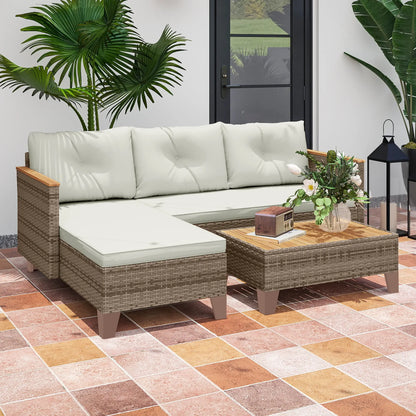 3 Piece L-Shaped Patio Furniture Set, Wood Top Coffee Table, Cream Patio Furniture Sets at Gallery Canada