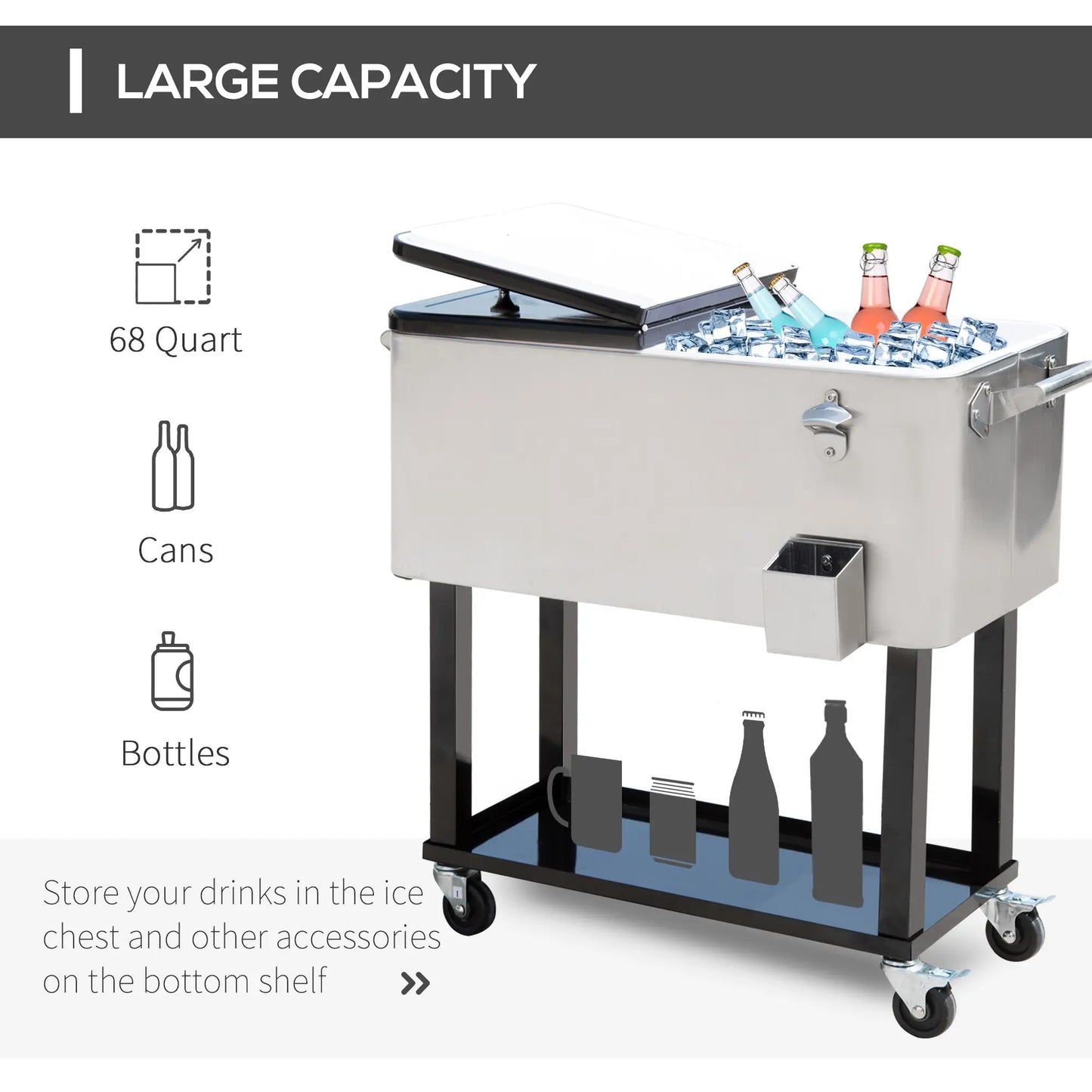 80 Quart Rolling Cooler Cart Portable Patio Ice Beer Beverage Cooling Bin for Outdoor Party w/ Bottle Opener &; Storage Shelf Silver Cooler Boxes at Gallery Canada