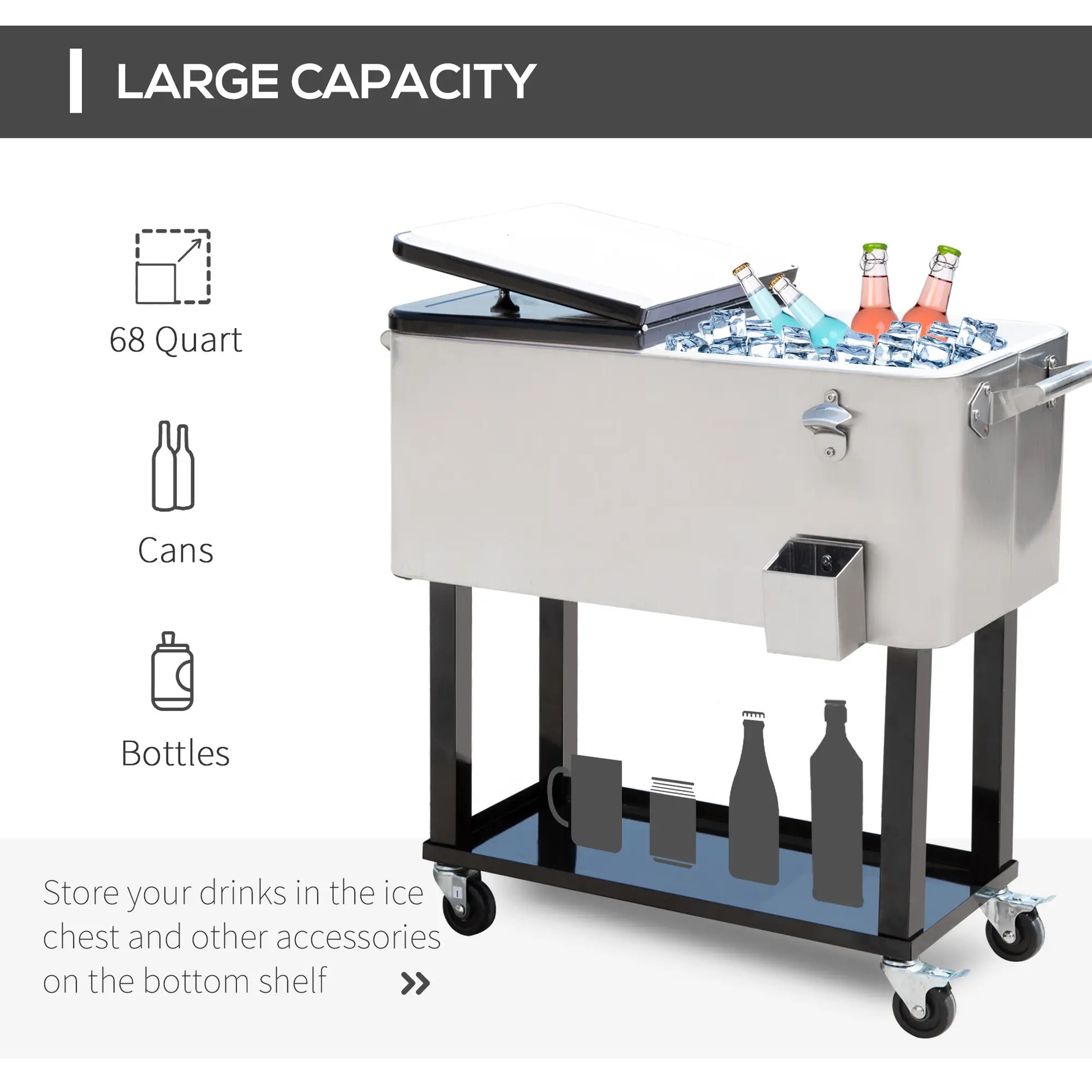 80 Quart Rolling Cooler Cart Portable Patio Ice Beer Beverage Cooling Bin for Outdoor Party w/ Bottle Opener &; Storage Shelf Silver Cooler Boxes at Gallery Canada
