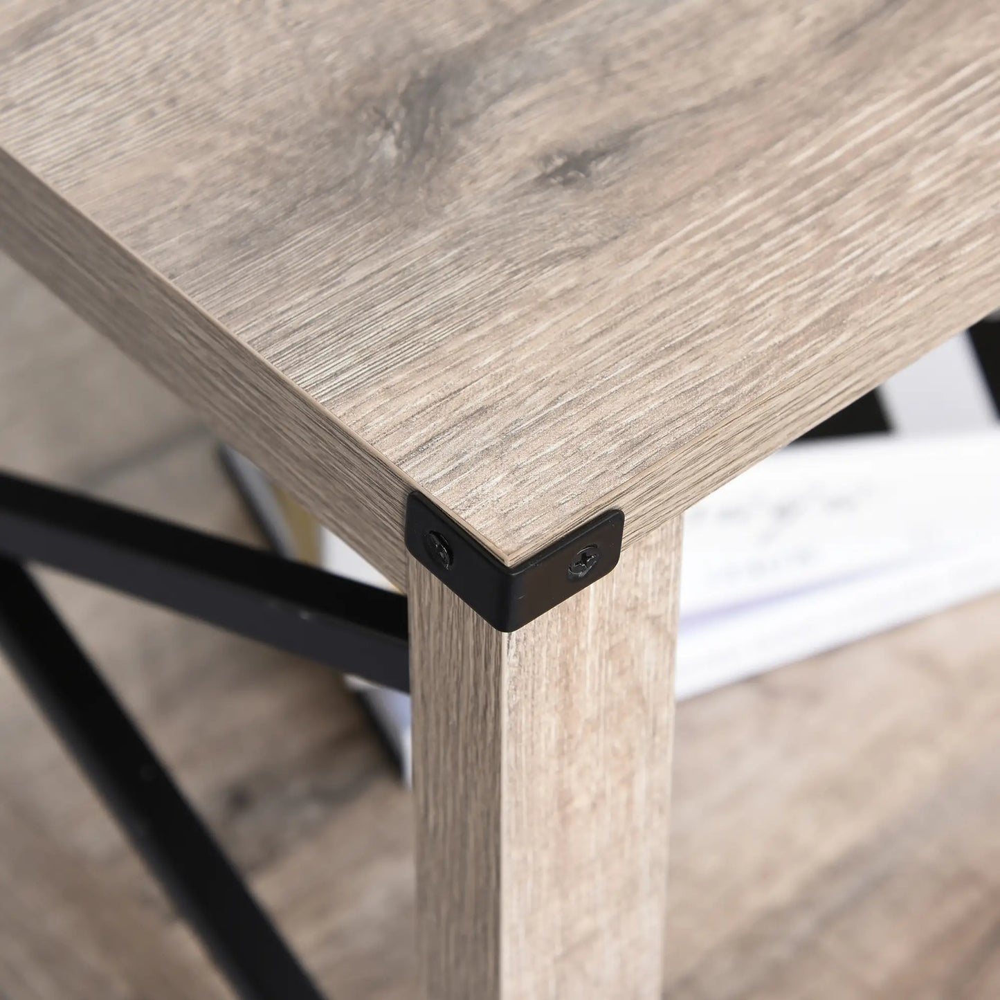 Table Basse Industrielle, Barre en X Métallique, Étagère de Rangement, Salon