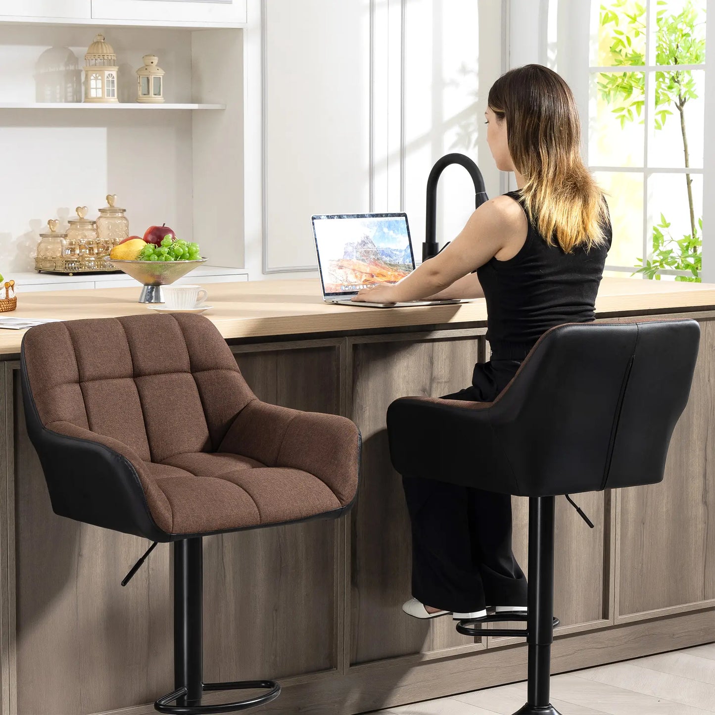 Adjustable Swivel Barstools Set of 2, with Footrest Armrests, Brown Bar Stools at Gallery Canada