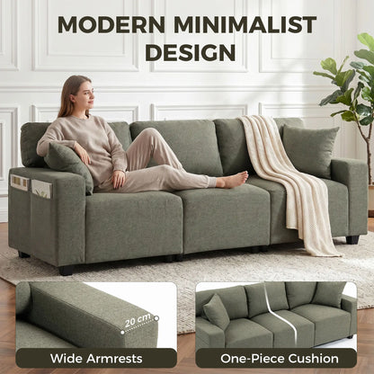 3 Seater Sofa With Storage Pockets, Modern Upholstered Couch, Green