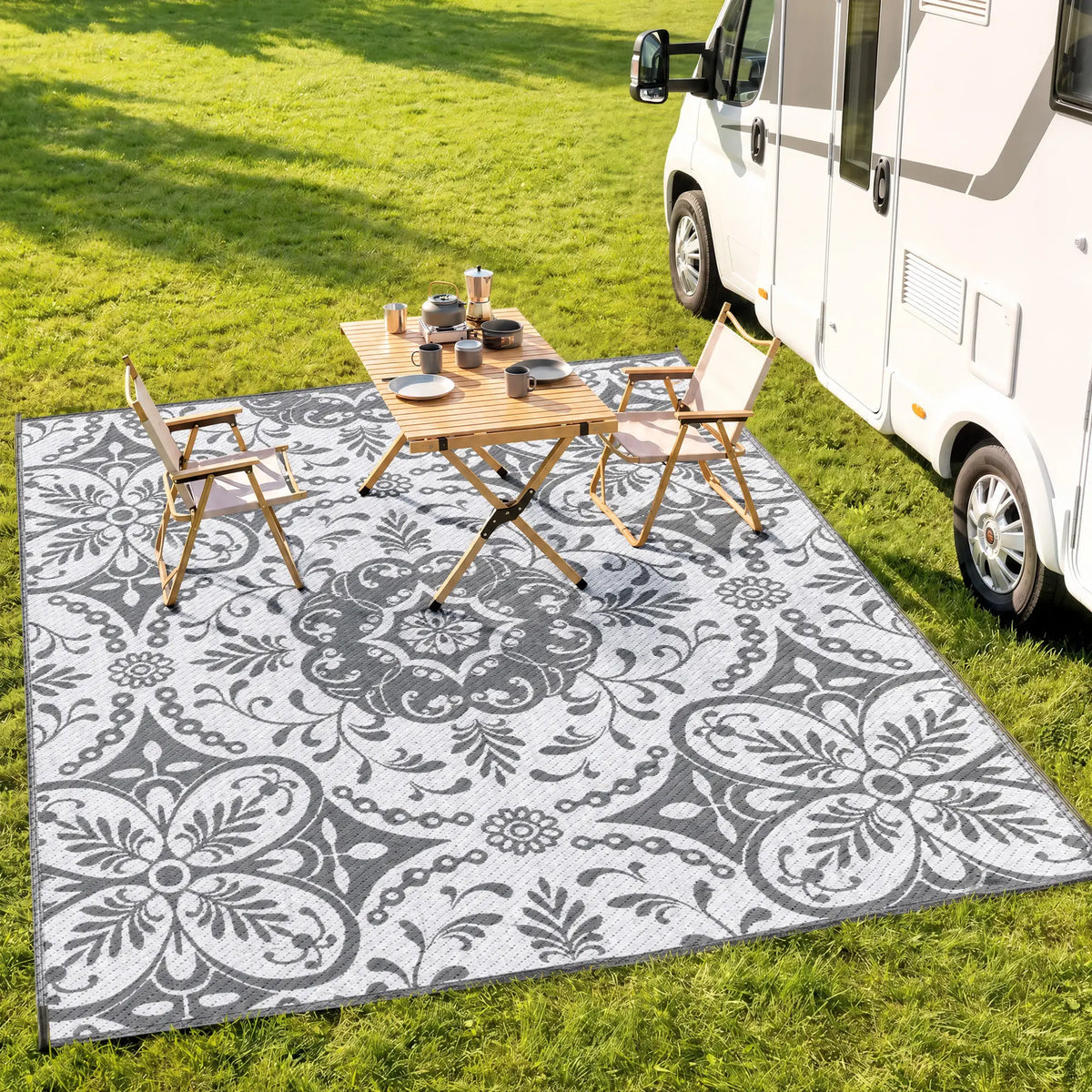 Tapis Extérieur Portable, 9' x 12', Imperméable, Fleur Blanche, Gris