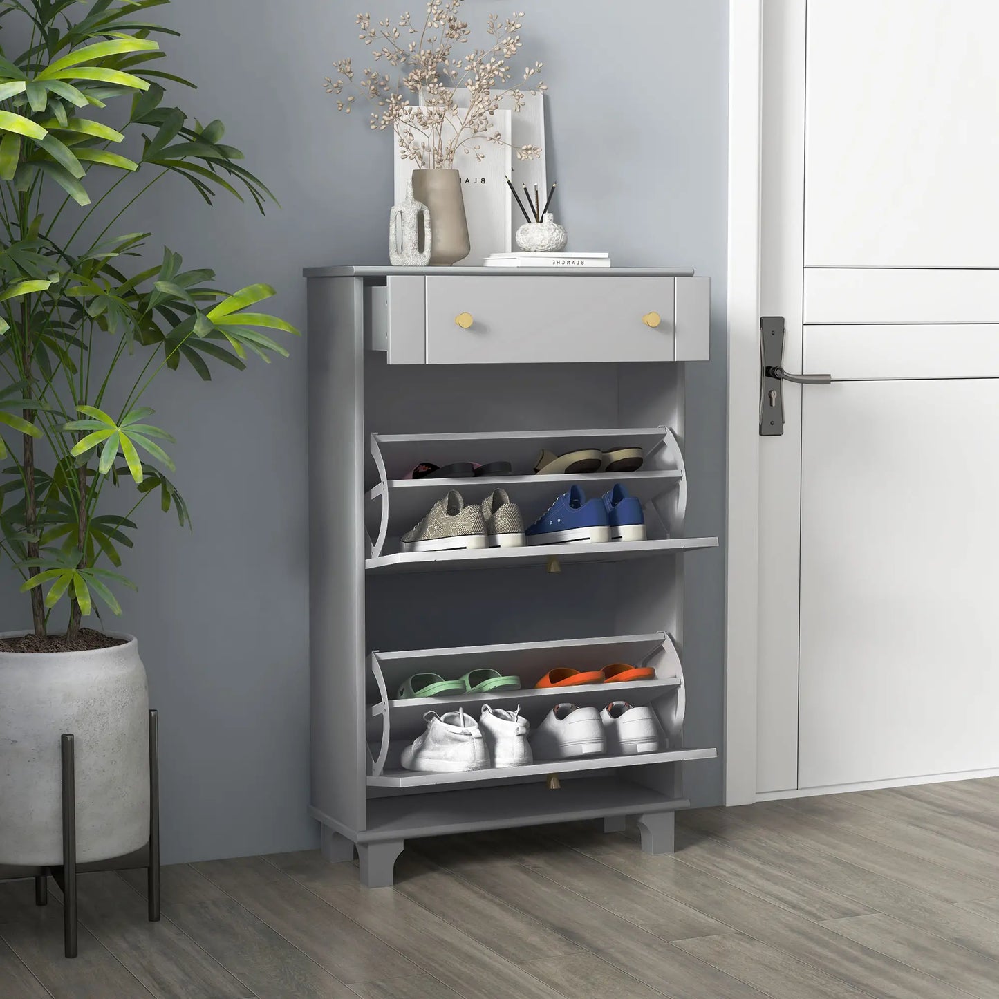 Slim Shoe Storage, 2 Flip Drawers, Adjustable Shelves, 8 Pair, Grey Shoe Storage Cabinets & Racks at Gallery Canada
