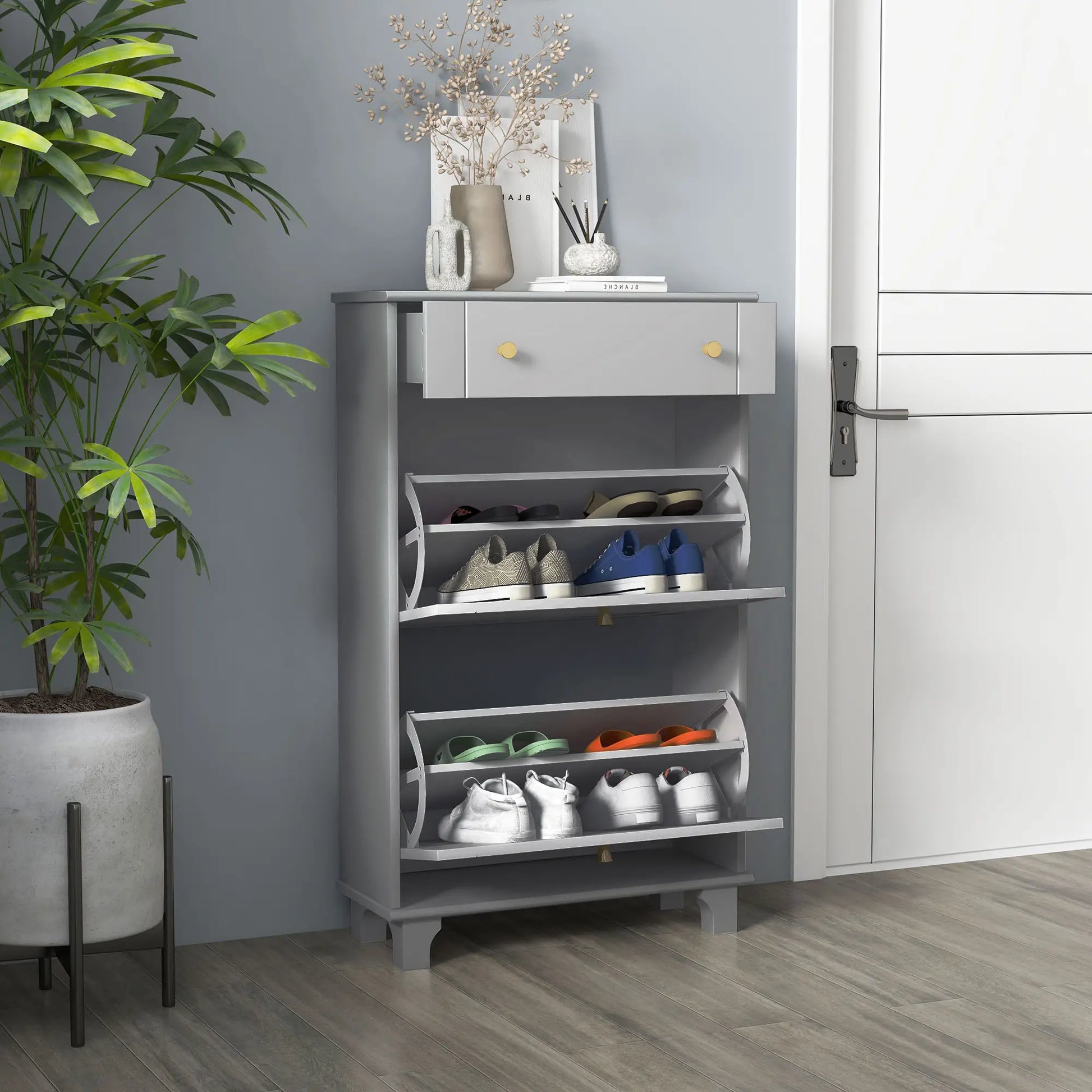 Slim Shoe Storage, 2 Flip Drawers, Adjustable Shelves, 8 Pair, Grey Shoe Storage Cabinets & Racks at Gallery Canada