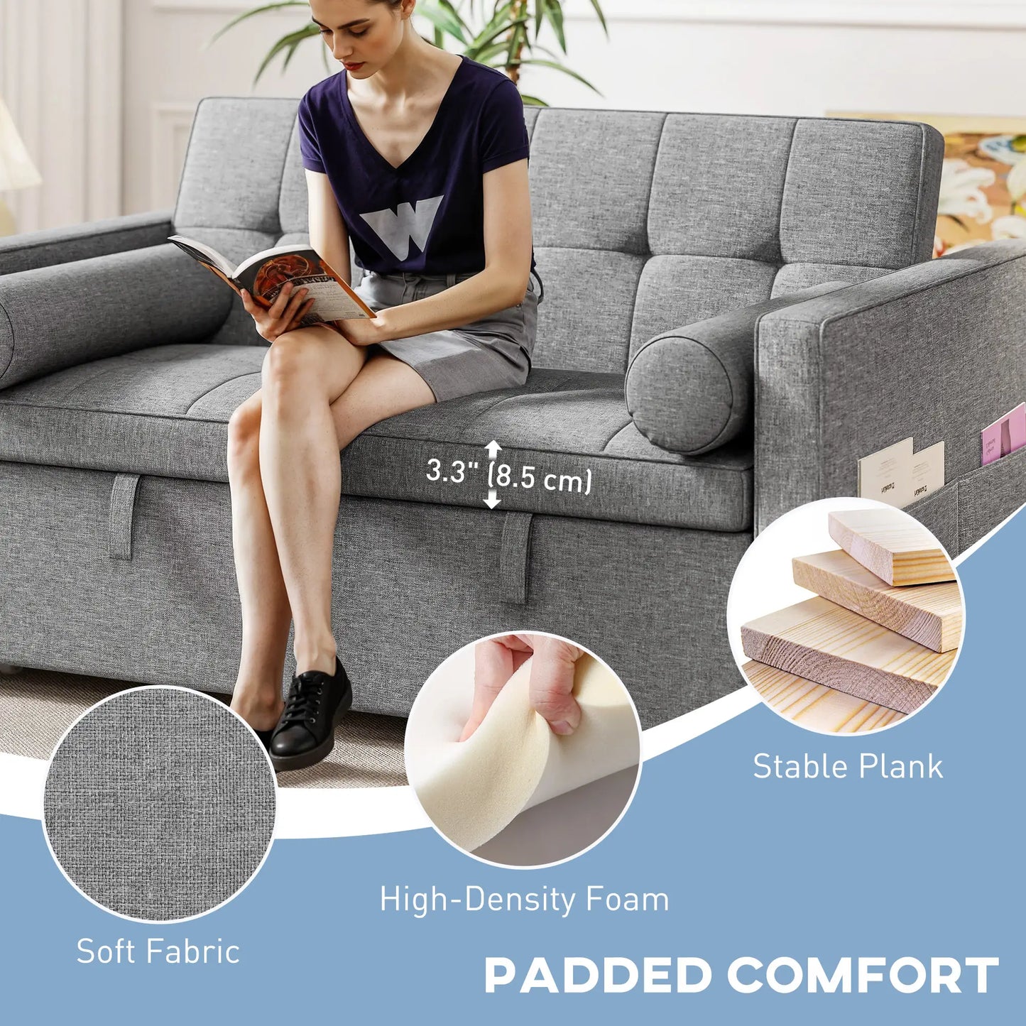 Pull Out Sofa Bed, Sleeper Couch with USB, Small Linen Loveseat, Grey 2-Seater Sofas at Gallery Canada