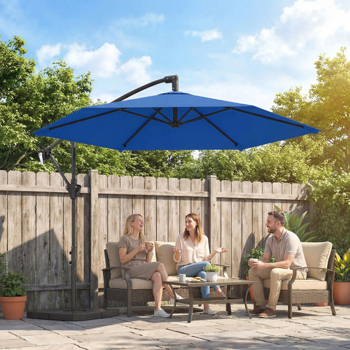 9.7 ft Offset Patio Umbrella, Water/Sand Fillable Weights, Navy Blue