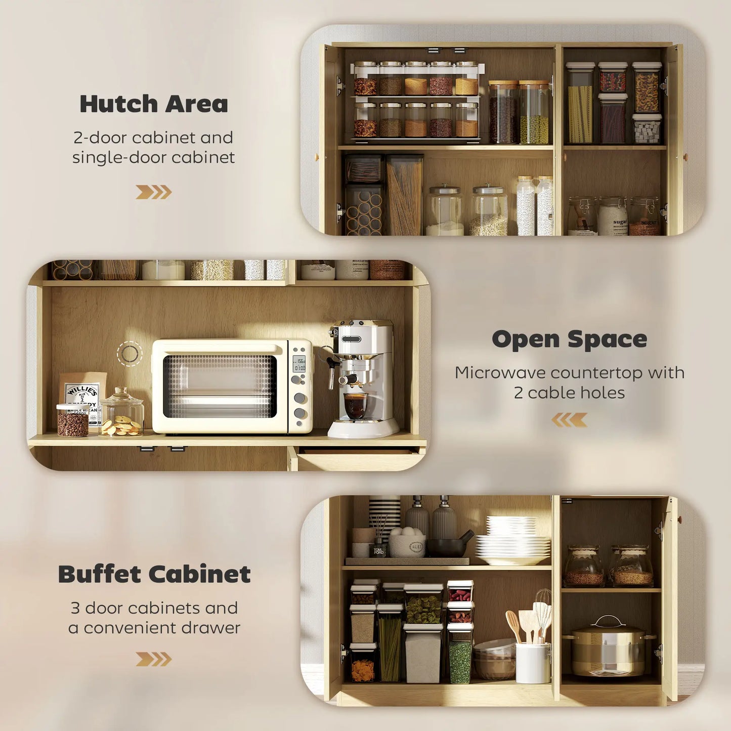 71" Kitchen Hutch with Microwave Countertop, Boho Pantry Cabinet, Rattan Doors, Natural Kitchen Pantry Cabinets at Gallery Canada