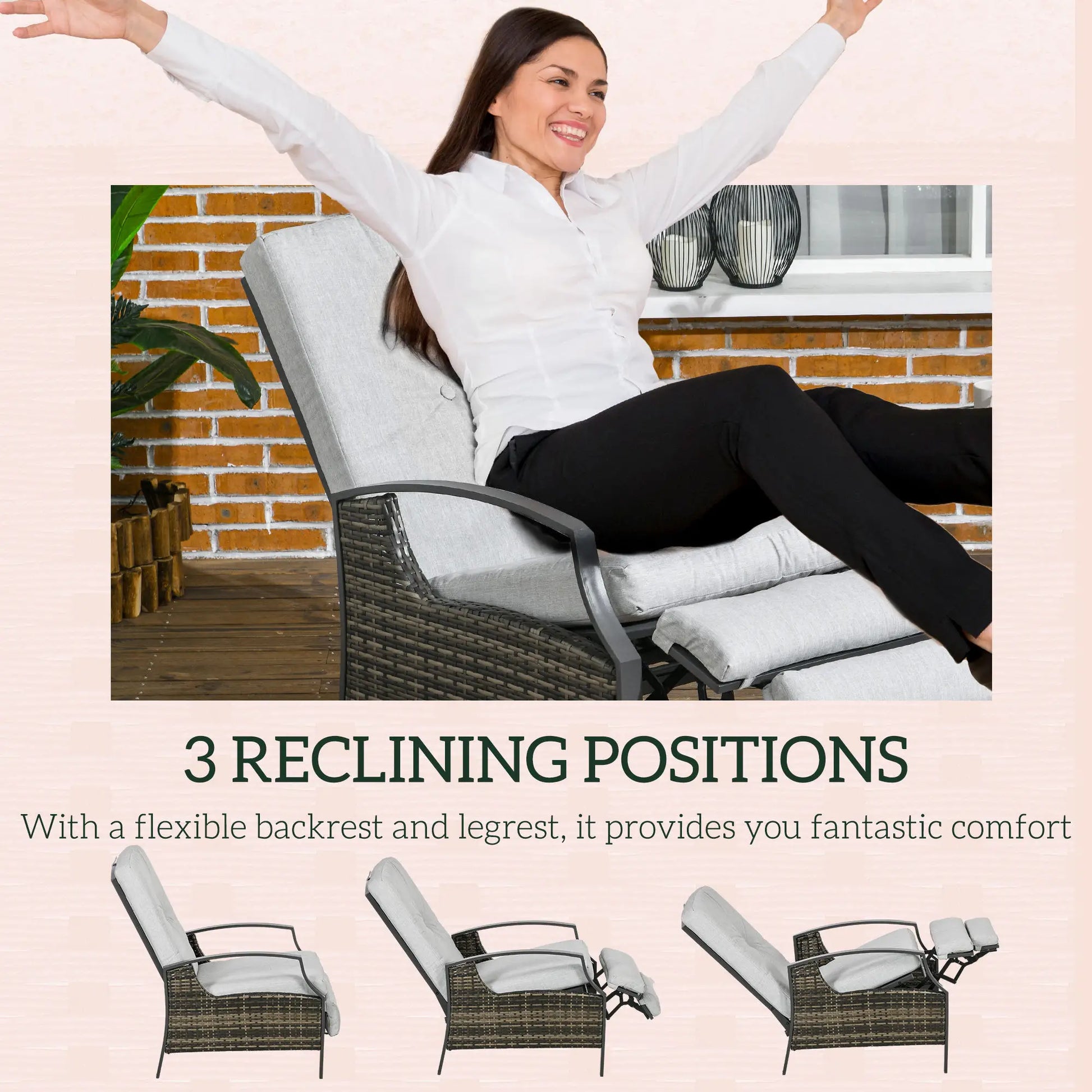 Outdoor Rattan Recliner Chair, Adjustable Back, Retractable Footrest, Light Grey Chaise Loungers at Gallery Canada