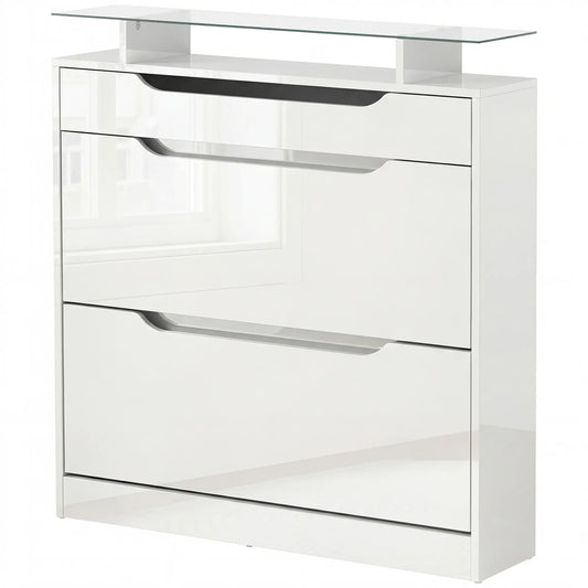 High Gloss Shoe Cabinet, 2 Flip Drawers, Adjustable Shelves, Glass Top, White Shoe Storage Cabinets & Racks High Gloss White at Gallery Canada