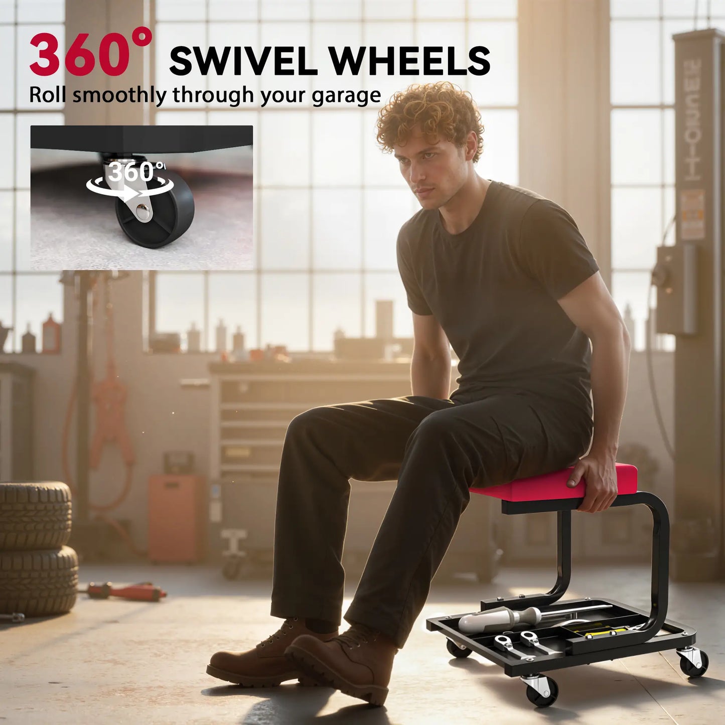 Rolling Mechanic Stool, 300 LBS Capacity Garage Stool with 2" Wheels, 360° Swivel Creeper Seat for Home Car Auto Automotive at Gallery Canada