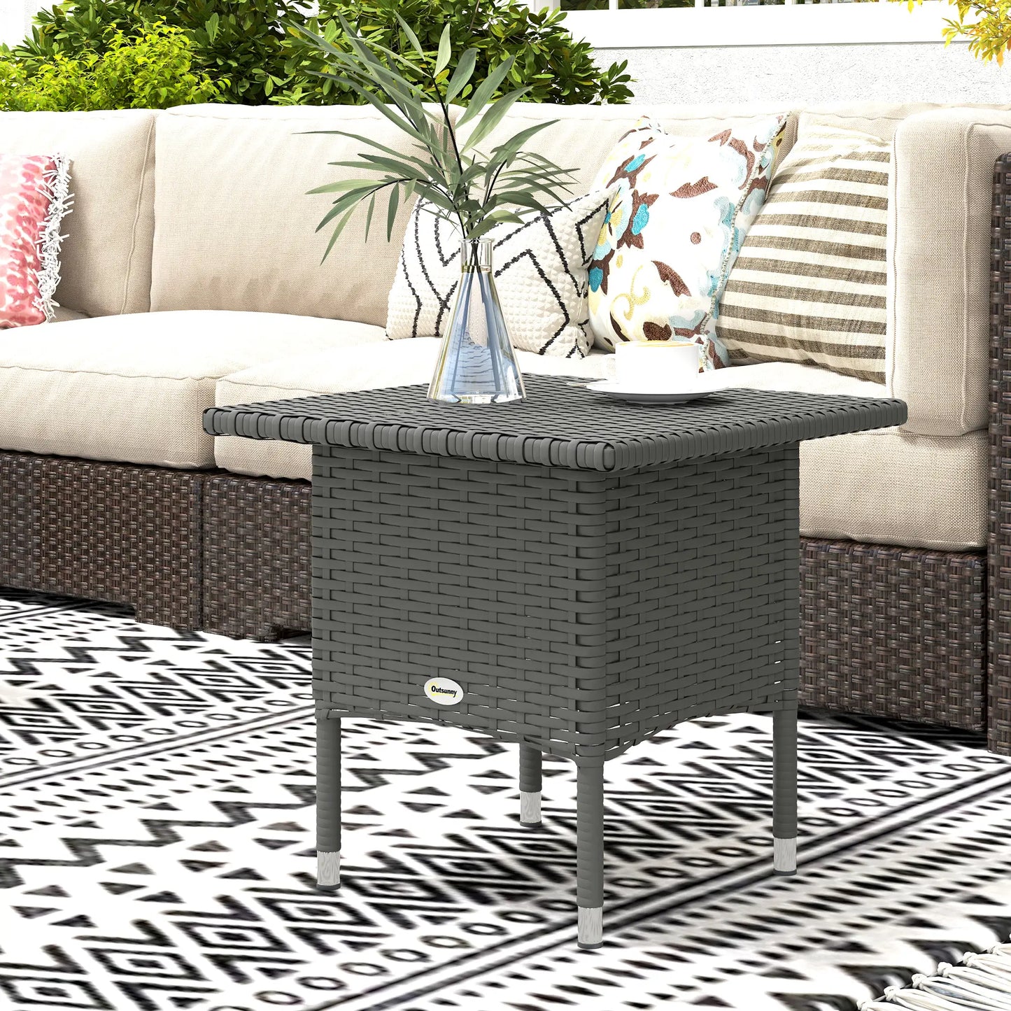 20" Square Outdoor Side Table, Grey Woven Top, Grey
