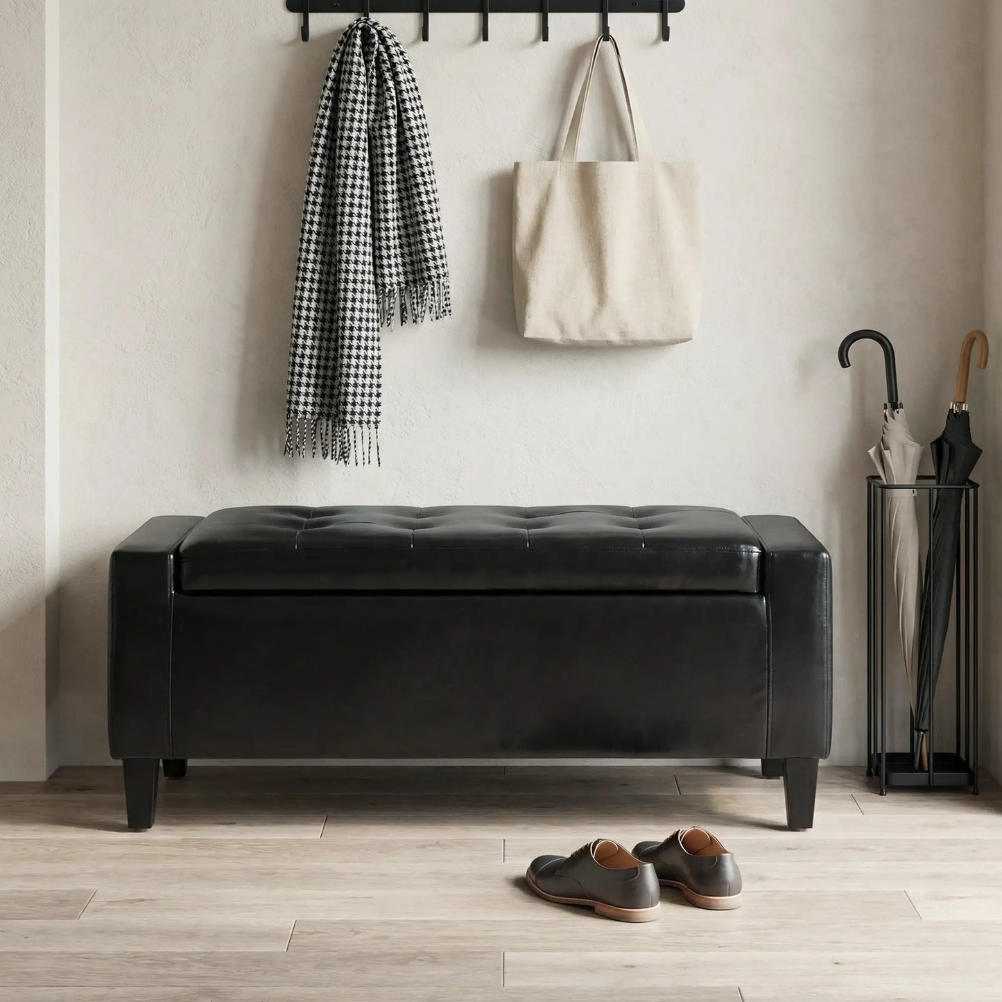 Storage Ottoman Bench, PU Leather Upholstered, Tufted Design, Black Storage Ottomans & Benches at Gallery Canada