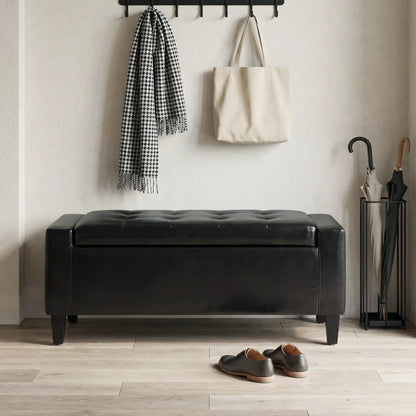 Storage Ottoman Bench, PU Leather Upholstered, Tufted Design, Black Storage Ottomans & Benches at Gallery Canada