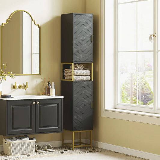 Tall Bathroom Storage Cabinet, Narrow with Adjustable Shelf, Black Bathroom Cabinets Black, Gold at Gallery Canada