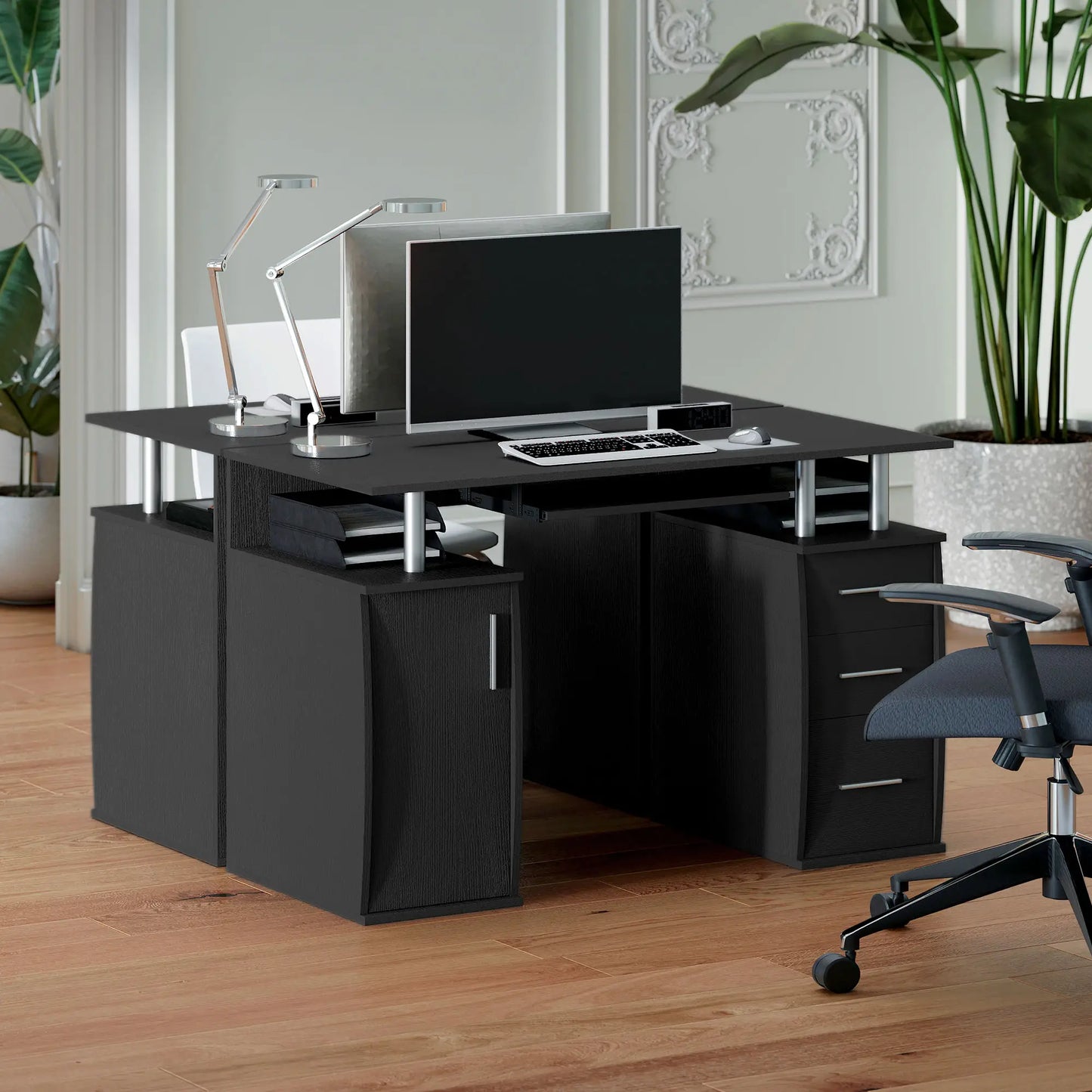 47" Computer Desk with Keyboard Tray, Storage Drawers, Black Computer Desks at Gallery Canada