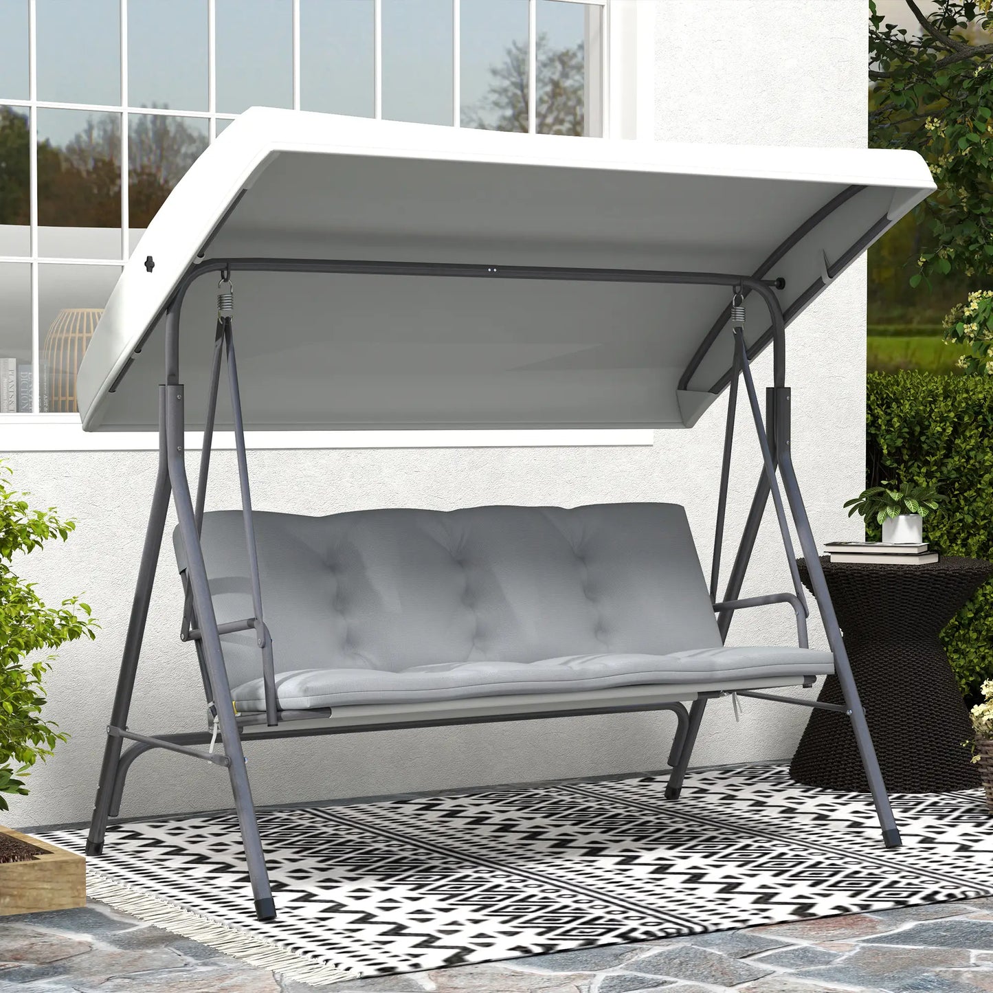 3-Seat Patio Swing Chair, Outdoor Porch Glider, Adjustable Canopy, Light Grey Patio Swings with Stand at Gallery Canada