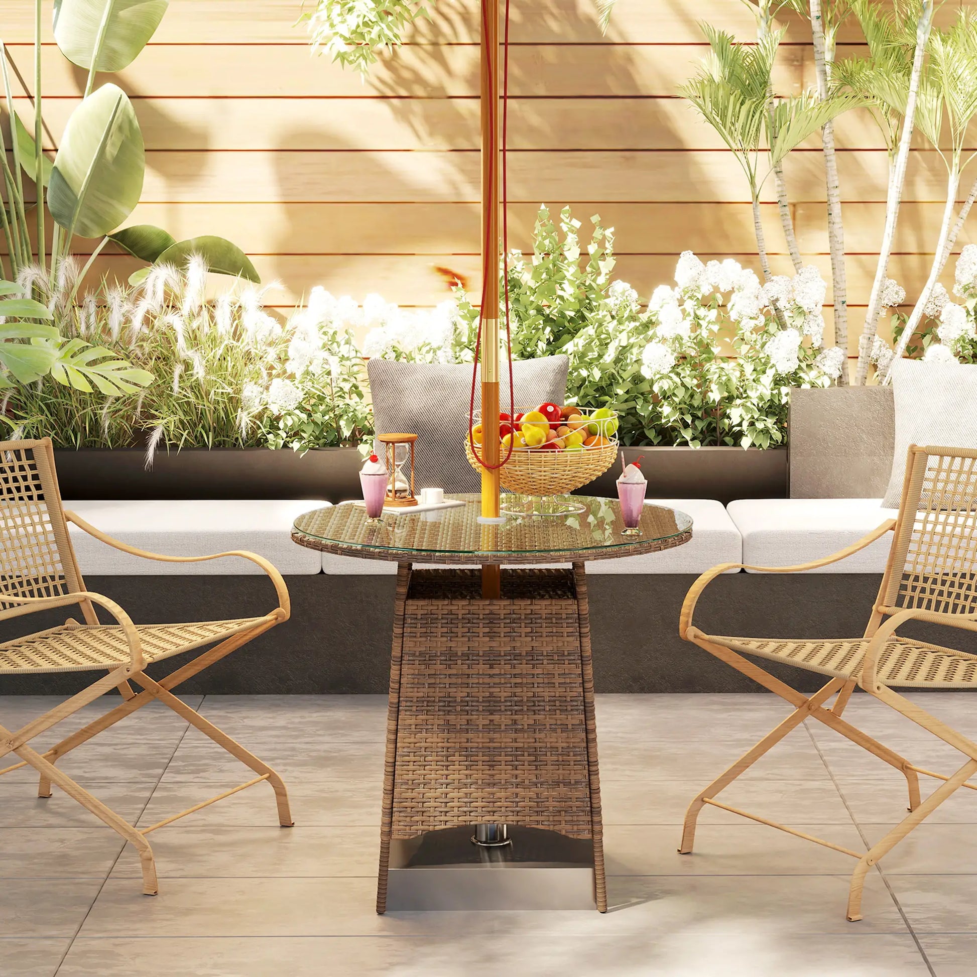 31.5" Round Patio Table with Umbrella Hole, Tempered Glass Top, Brown Coffee Tables at Gallery Canada