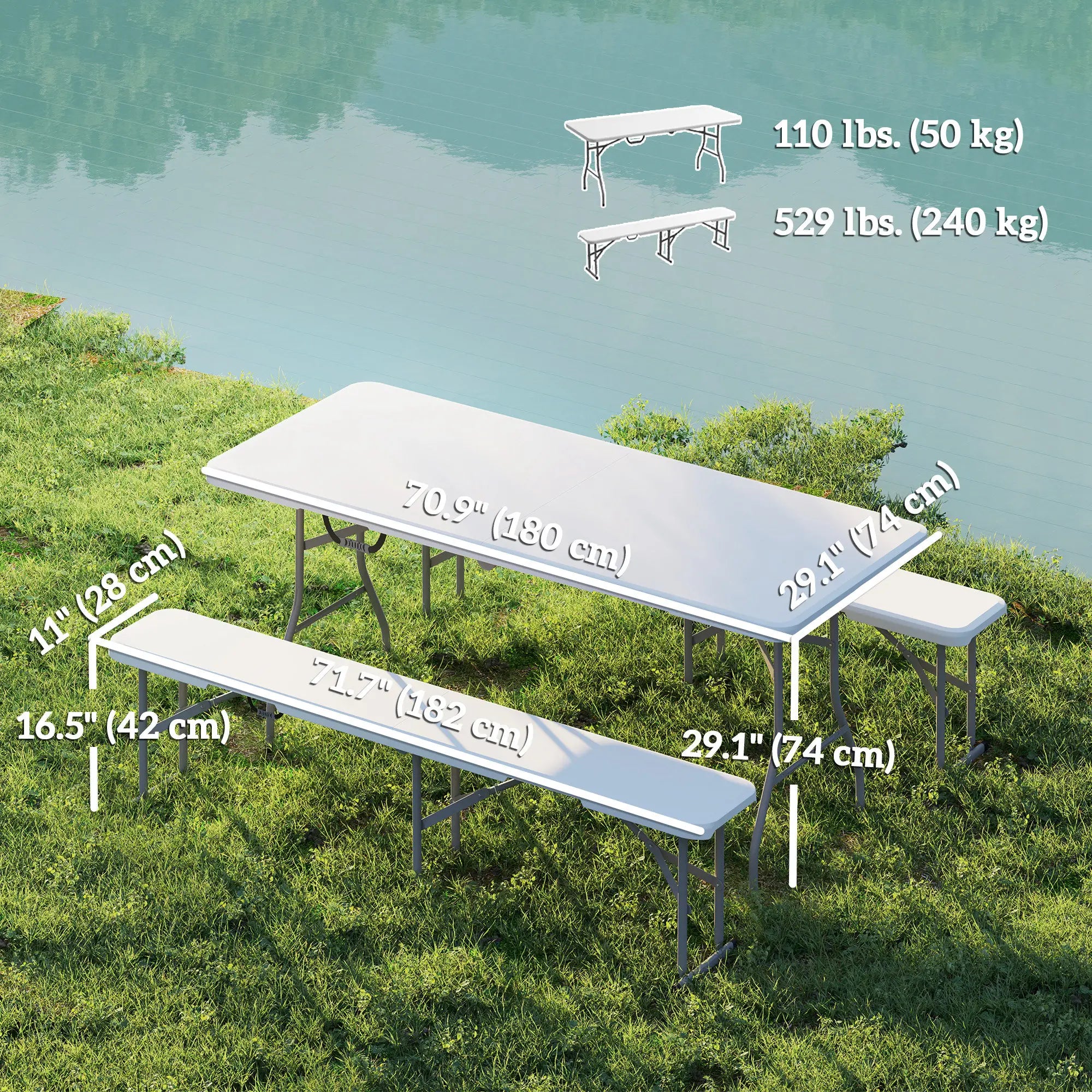 6FT Portable Camping Table Bench Set, Folding Picnic Table with 2 Benches, White Picnic Tables & Camping Chairs at Gallery Canada