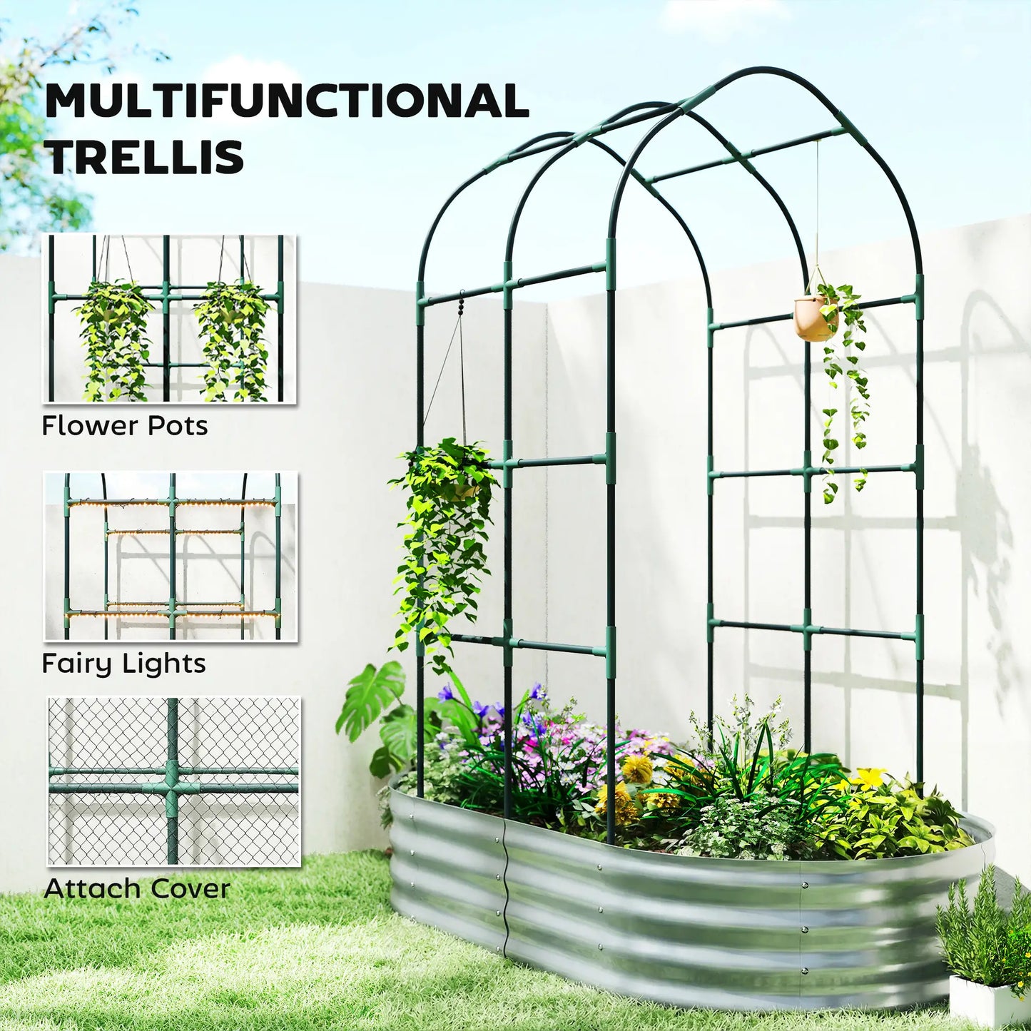 Galvanised Raised Garden Bed With Arched Trellis, 5 x 3 x 6ft, Silver Raised Garden Beds at Gallery Canada