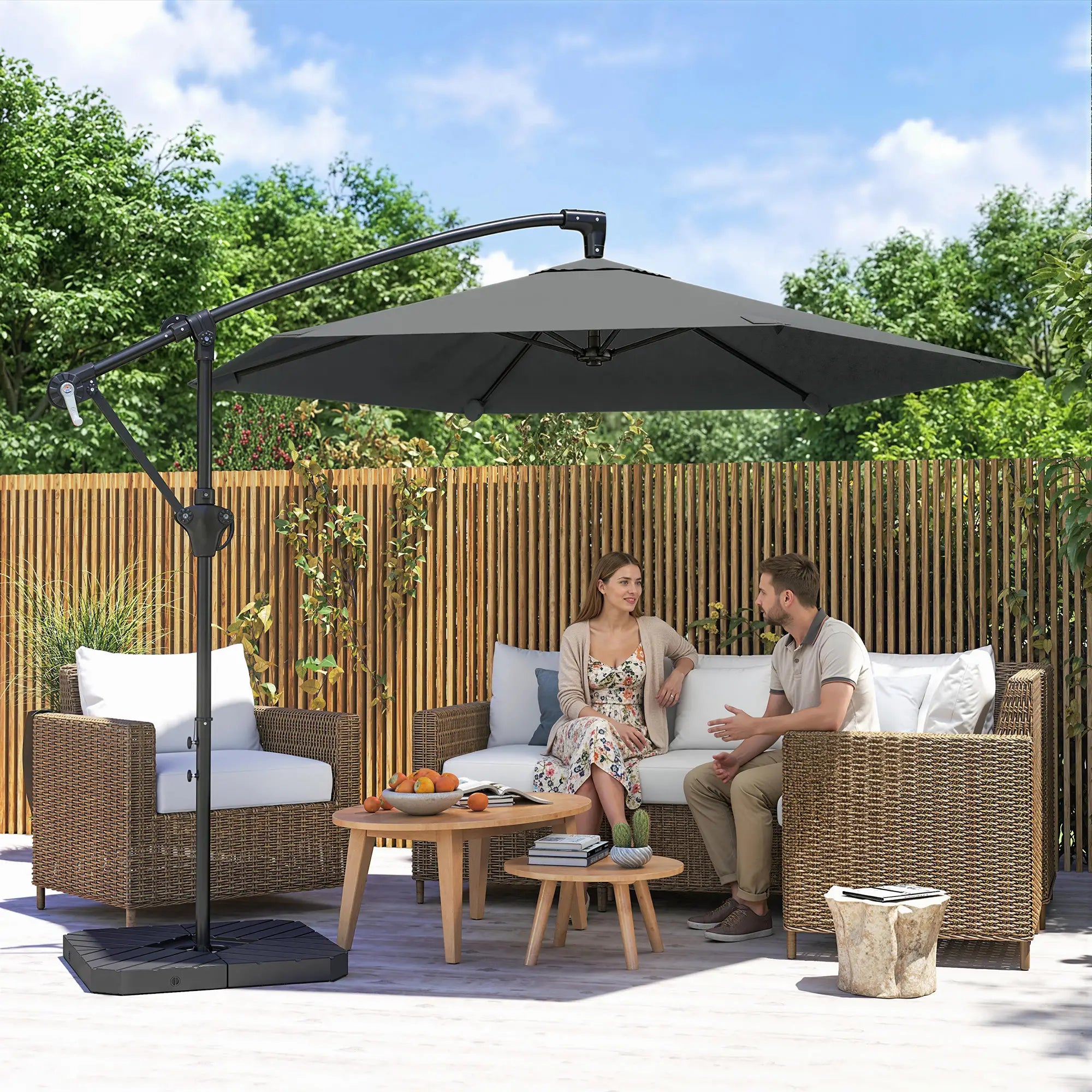 9.7 ft Offset Patio Umbrella, Water Sand Fillable Weights, Dark Grey Offset Cantilever Umbrellas at Gallery Canada