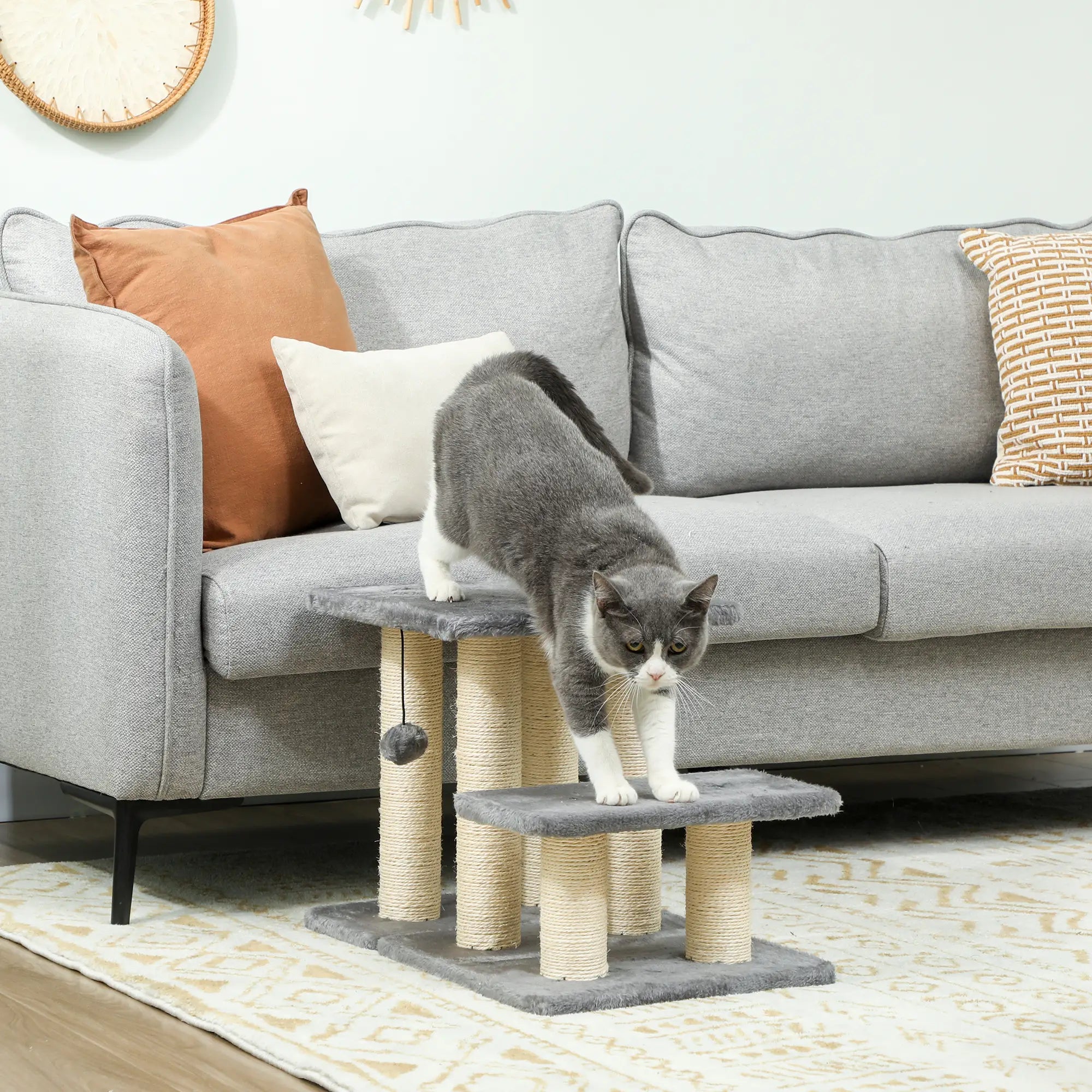 Cat Stairs with 2 Sisal Scratching Posts, 3-Tier Adjustable, Grey Dog Stairs at Gallery Canada