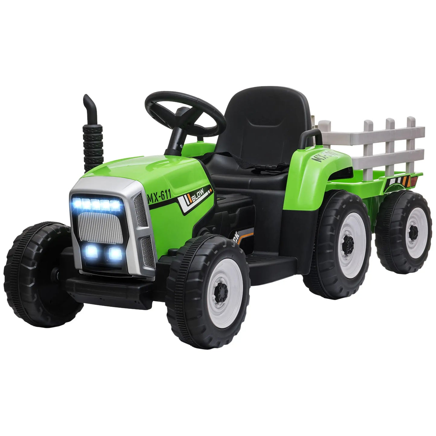 12V Kids Ride on Tractor with Trailer, Remote Control, Music, LED Lights, Green Electric Toy Cars at Gallery Canada