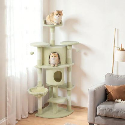 62" Cat Tree, Scratching Post, 2 Condos, Hammock, Perches, Beige
