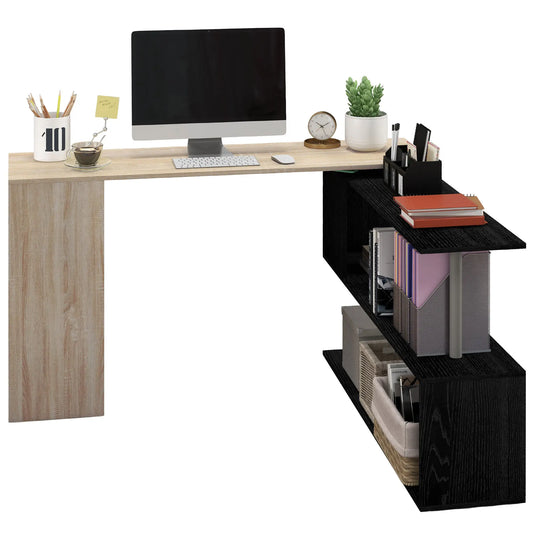 55" Corner Computer Desk, L-Shaped Rotating Workstation, 3-Tier Shelves Computer Desks Natrual Wood Grain, Black at Gallery Canada