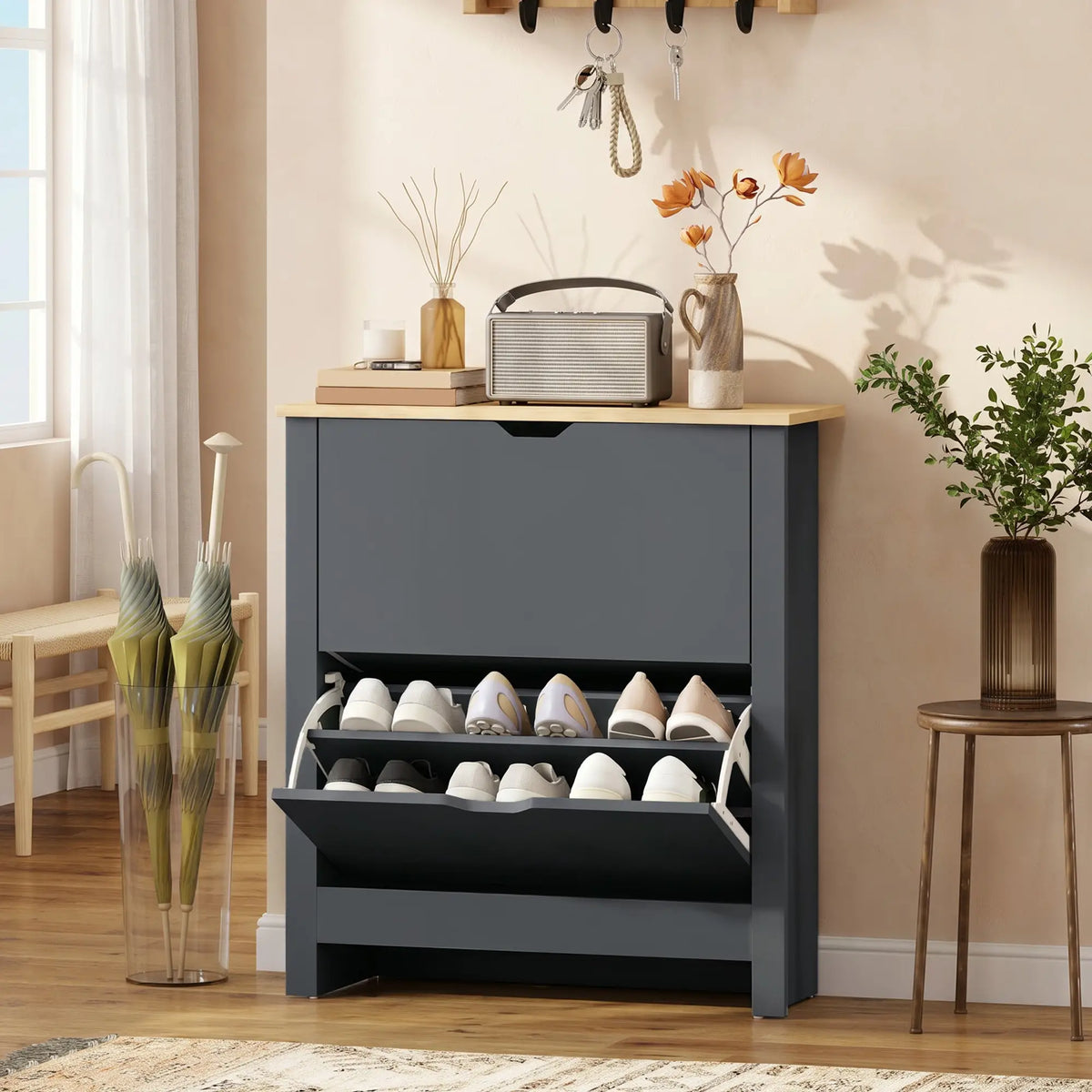Shoe Storage Cabinet, 2 Flip Drawers, Adjustable Shelves, 12 Pairs, Dark Grey Shoe Storage Cabinets & Racks at Gallery Canada