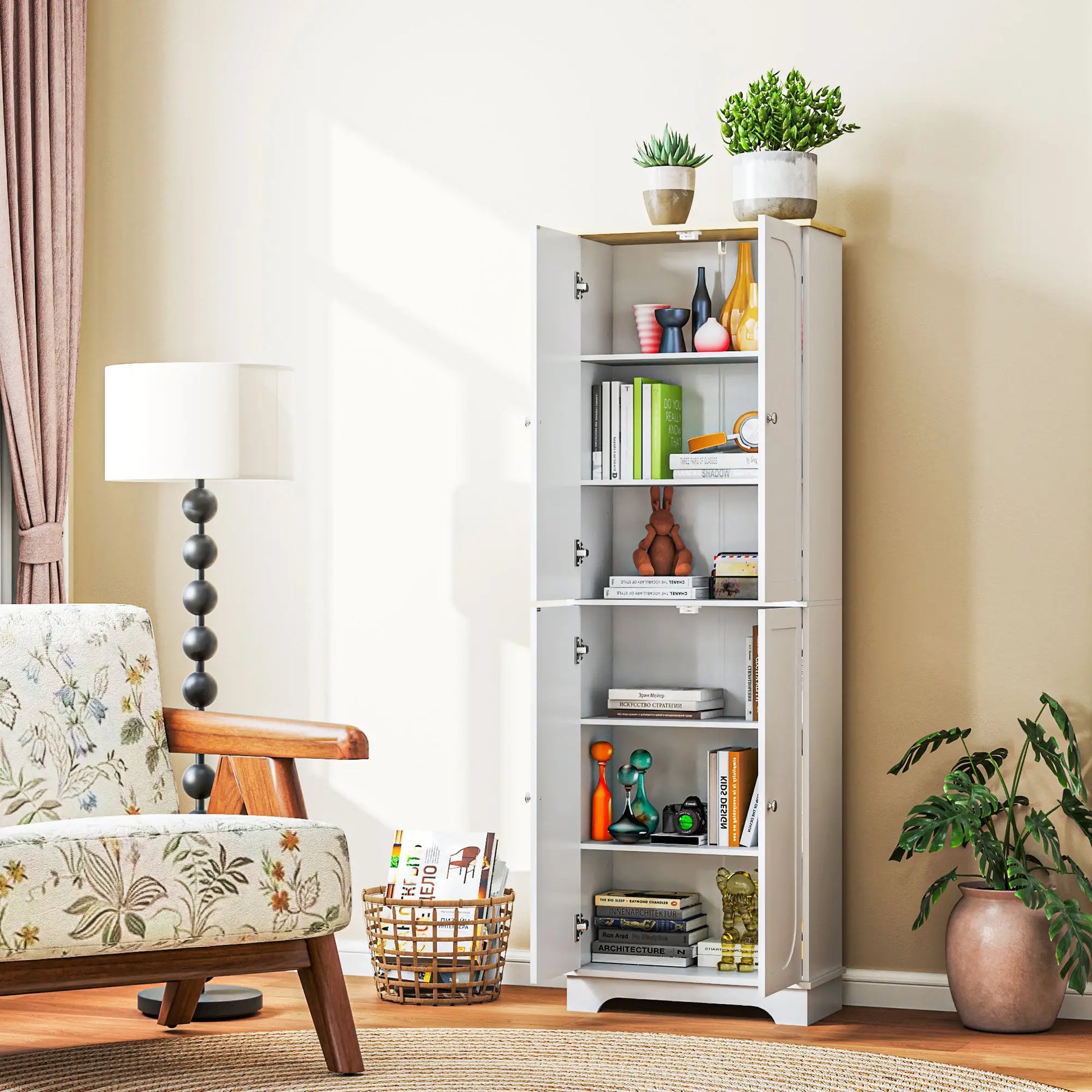 72" Tall Pantry Cabinet, Adjustable Shelves, 4 Doors, White Storage Cabinets at Gallery Canada