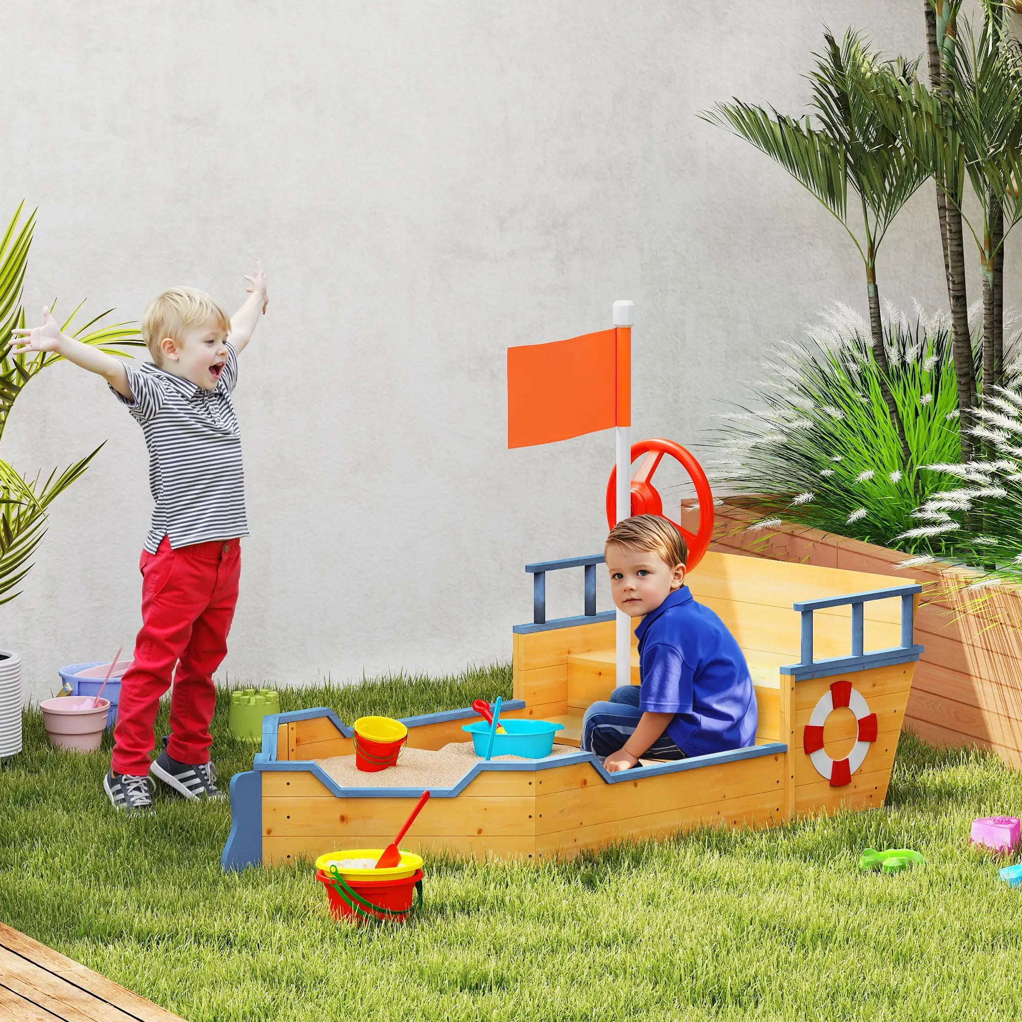 Kids Wooden Pirate Ship Sandbox, Outdoor Playset w/ Bench Seat, 3-6 Years Sandboxes & Accessories at Gallery Canada