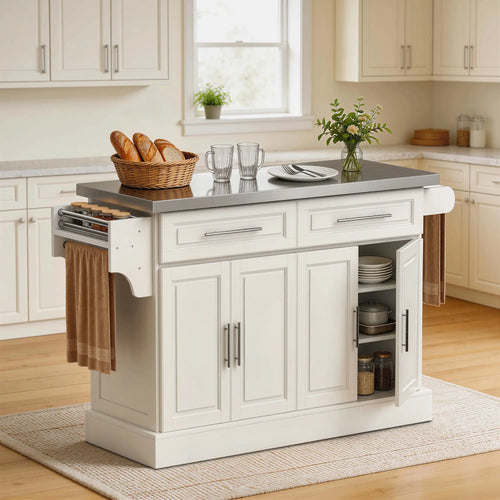 Rolling Kitchen Island with Storage, Stainless Steel Top, Drawers, Cream